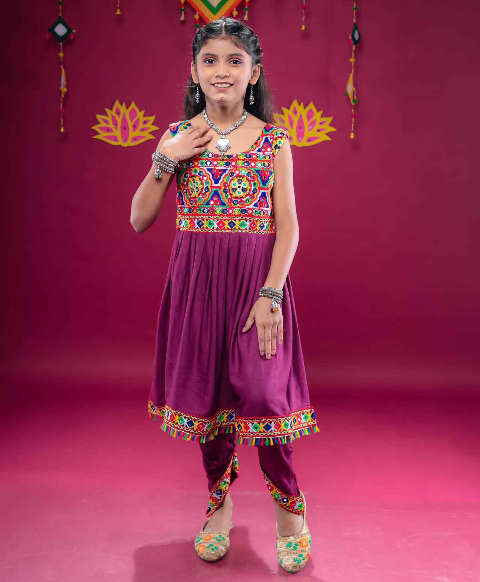 Banjara India Rayon Sleeveless Kutch Work Embroidered Dhoti Kurti Costume Set - Wine-image-48