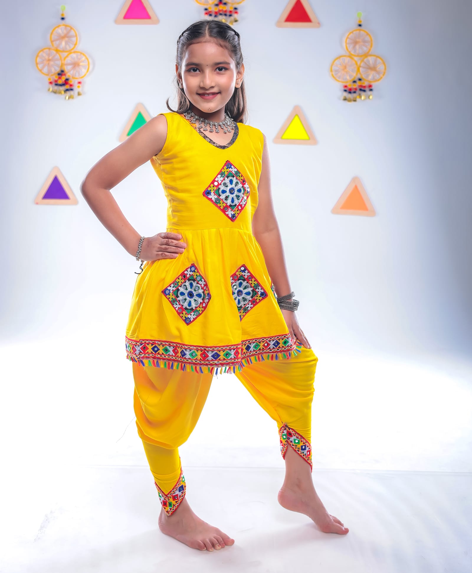 Banjara India Rayon Sleeveless Kutch Work Embroidered Dhoti Kurti Costume Set - Yellow-image-47