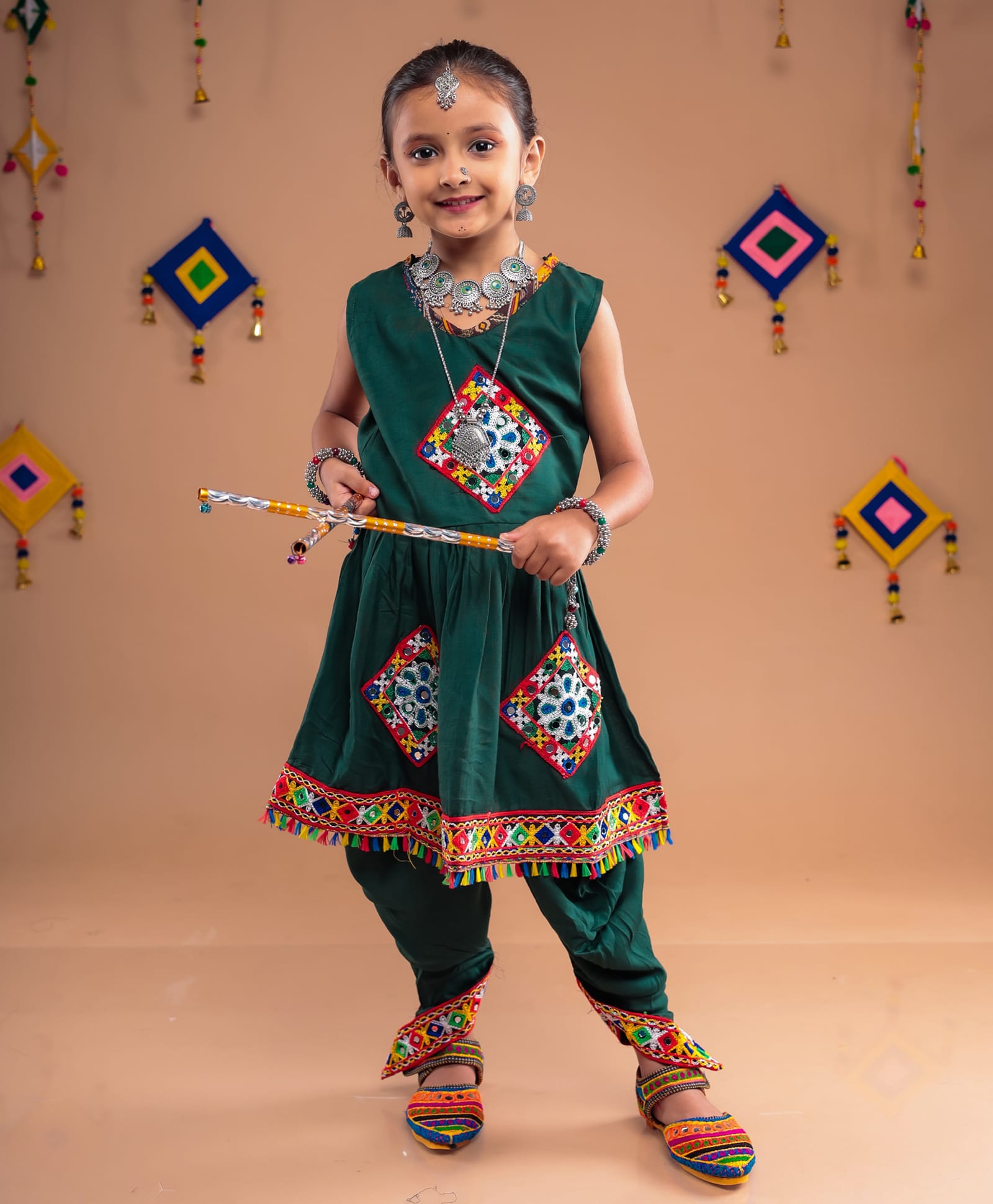 Banjara India Rayon Sleeveless Kutch Work Embroidered Dhoti Kurti Costume Set - Green-image-19