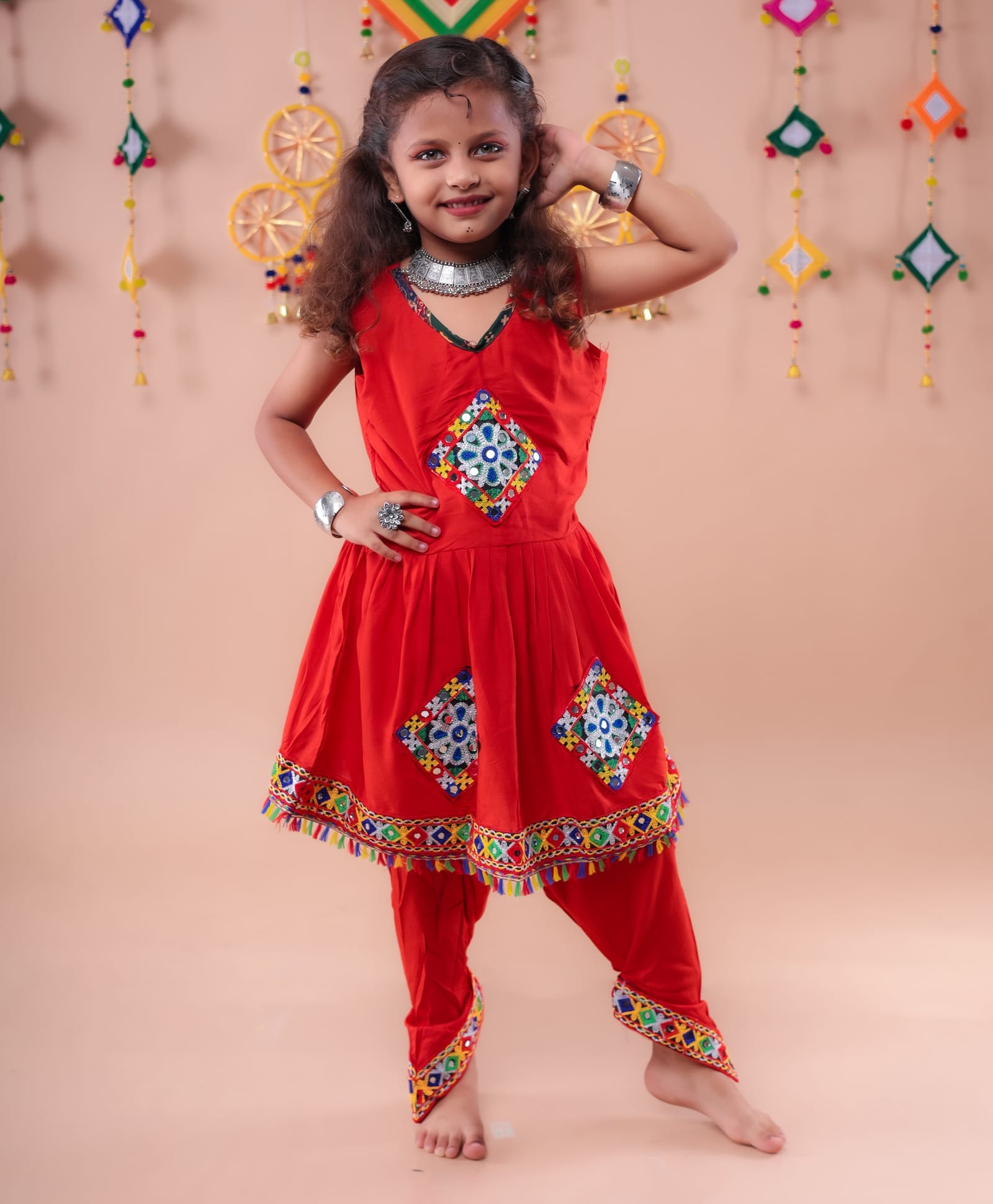 Banjara India Rayon Sleeveless Kutch Work Embroidered Dhoti Kurti Costume Set - Red-image-49