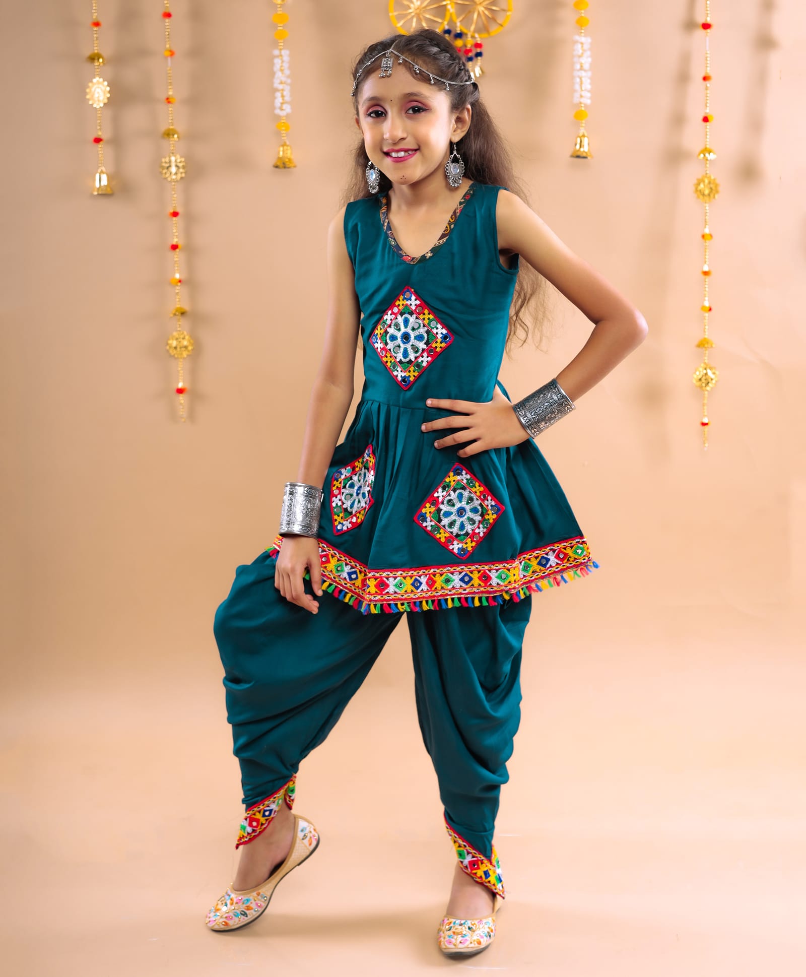 Banjara India Rayon Sleeveless Kutch Work Embroidered Dhoti Kurti Costume Set - Teal-image-13
