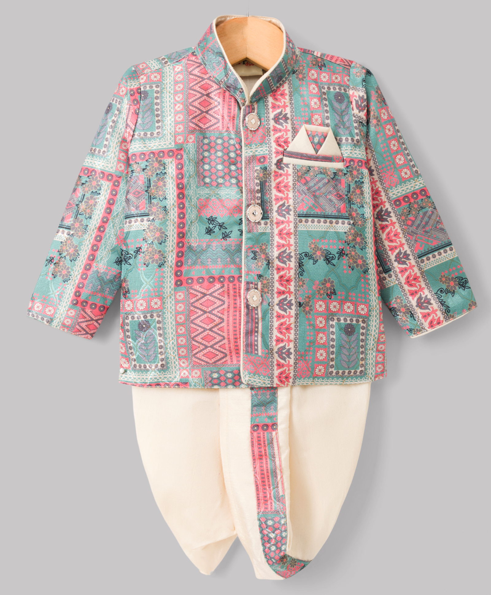 Dapper Dudes Cotton Silk Woven Full Sleeves Ethnic Design Printed Kurta With Co-Ordinating Dhoti Set - Cream-image-26