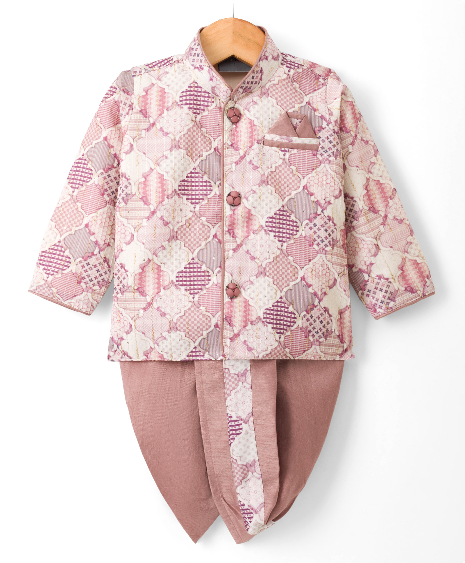 Dapper Dudes Cotton Silk Woven Full Sleeves Ethnic Design Printed Kurta With Co-Ordinating Dhoti Set - Pink-image-25