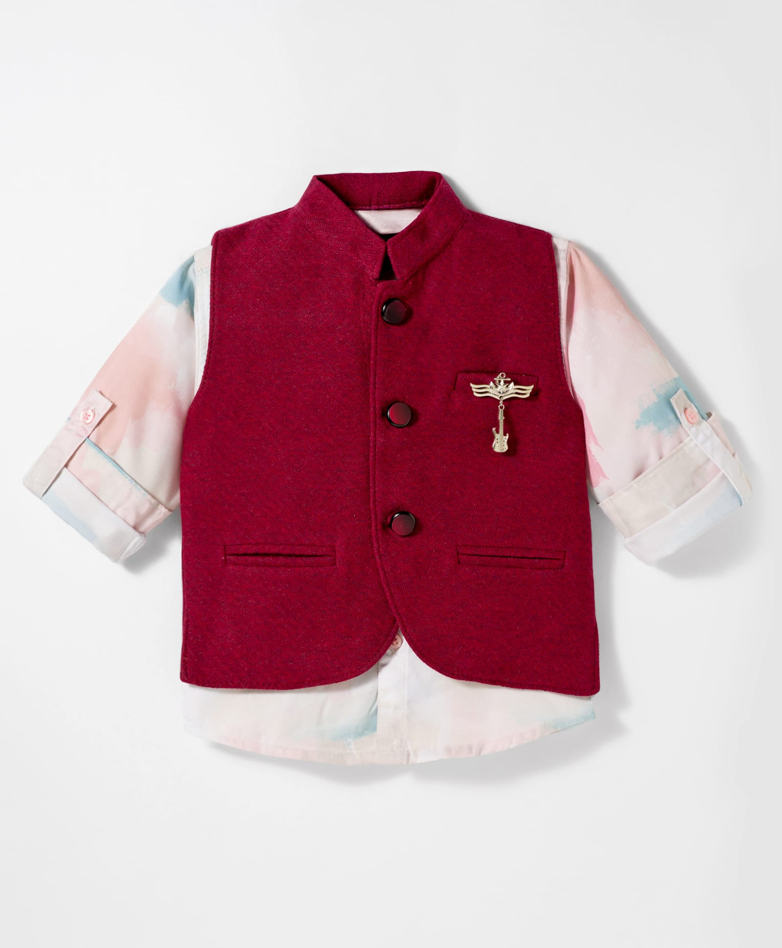 Dapper Dudes Knit Full Sleeves Tie & Dyed Party Shirt with Waistcoat & Guitar Badge - Maroon-picture-28