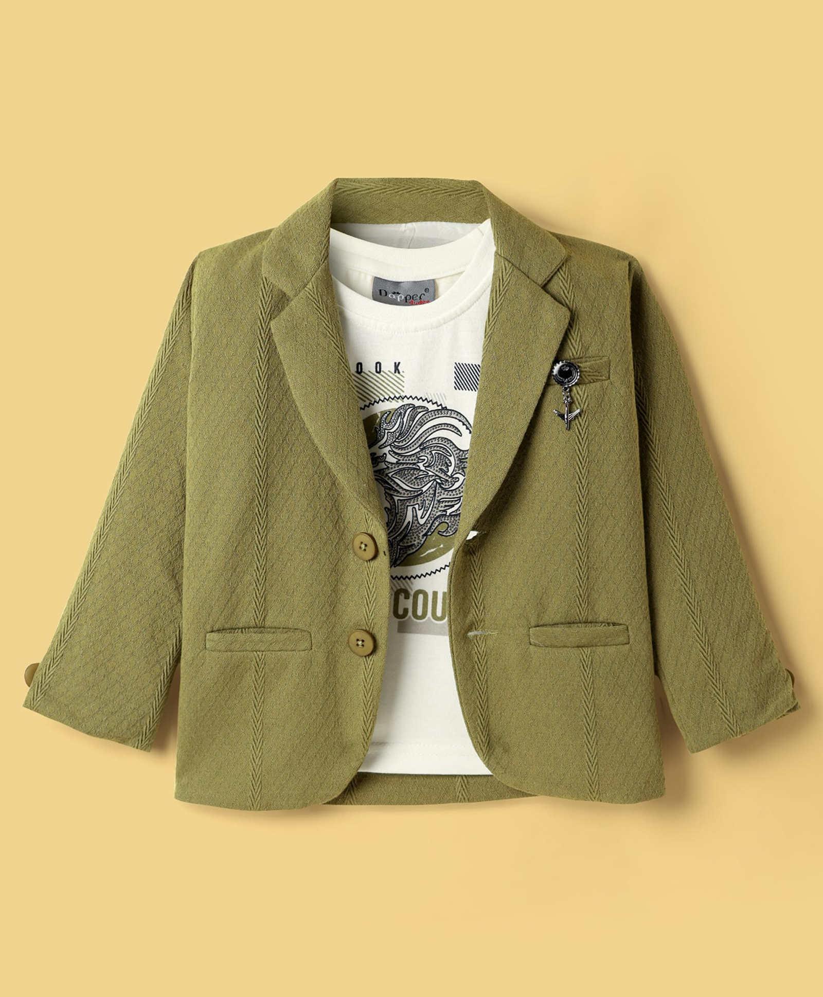 Dapper Dudes Knit Full Sleeves Textured Blazer With Text Printed Tee - Light Green-image-2
