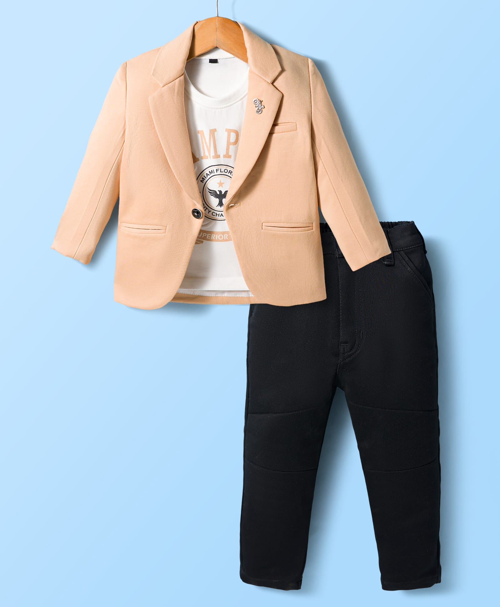 Dapper Dudes Knit Full Sleeves Blazer With Typographic Tee & Trouser Set - Light Brown-image-23
