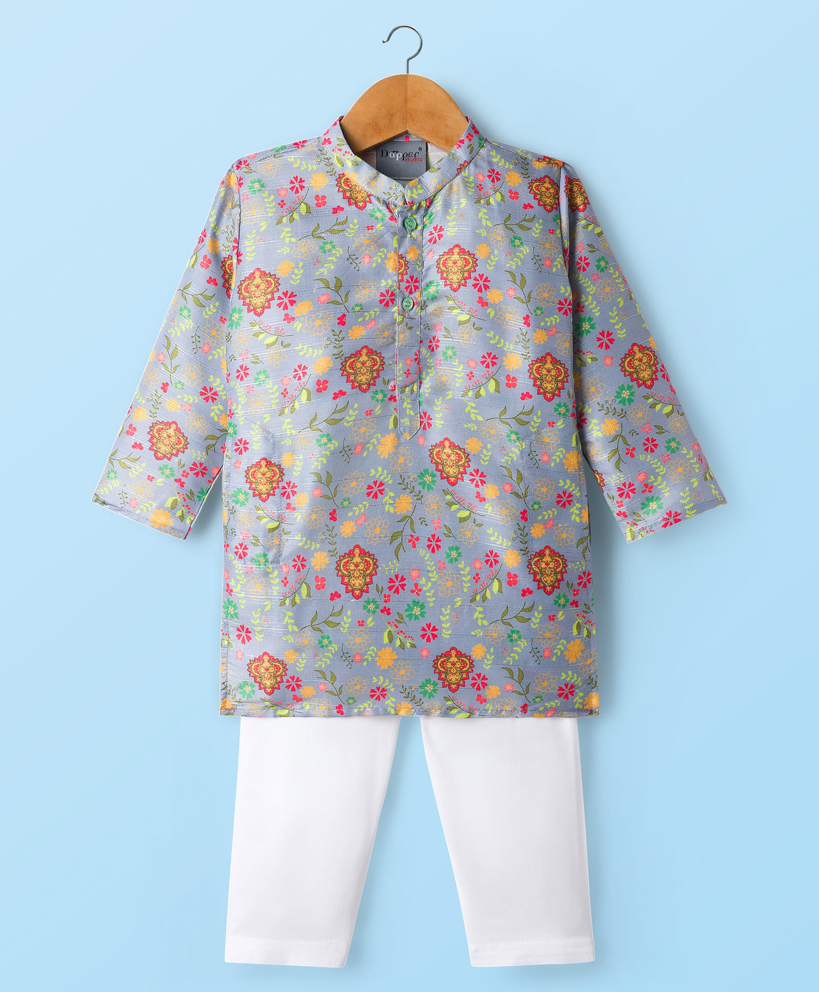 Dapper Dudes Woven Full Sleeves Floral Printed Kurta Pajama Set - Grey-image-36