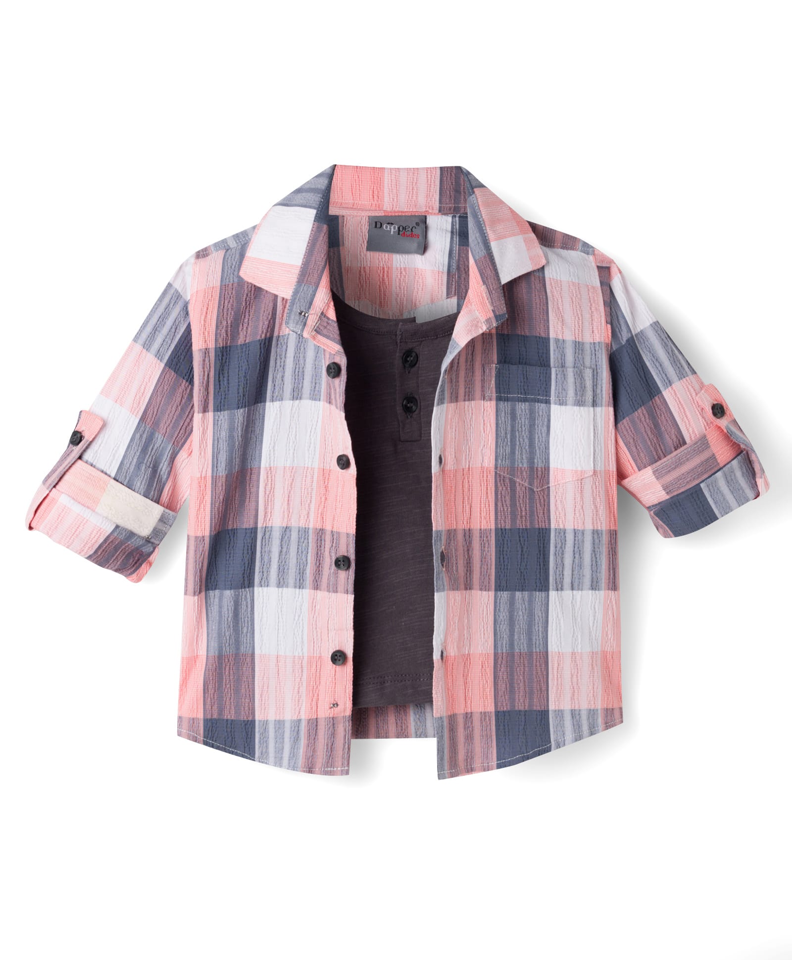 Dapper Dudes Cotton Woven Full Sleeves Checked Shirt With Attached Tee - Grey & Pink-image-10