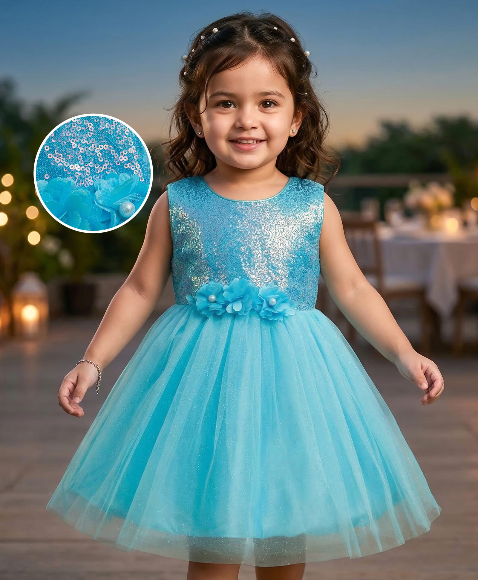 Babyhug Mesh Woven Sleeveless Fit & Flared Shimmered Party Dress with Floral Corsage & Sequin Detailing - Light Blue-image-30