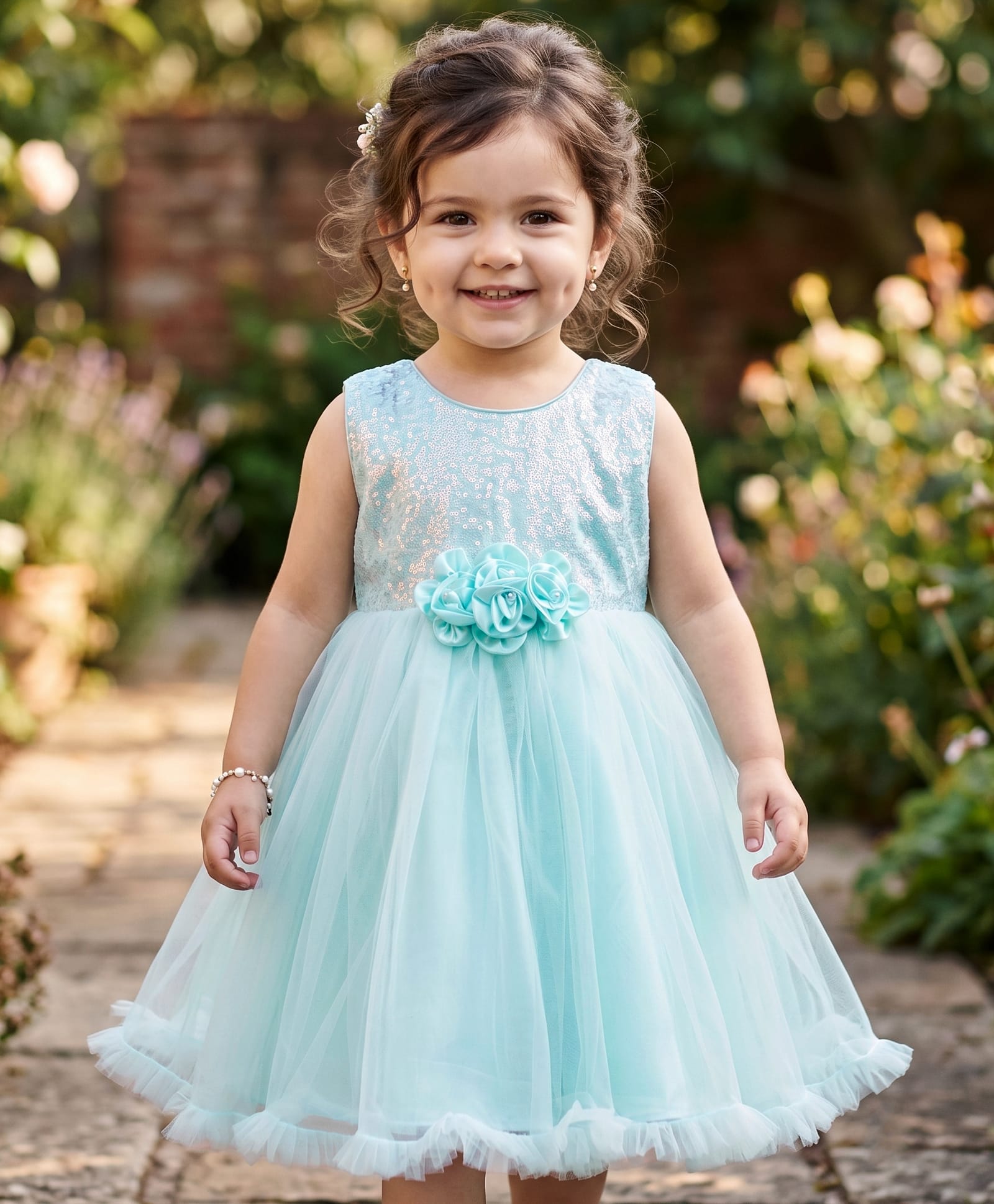 Babyhug Mesh Woven Sleeveless Party Dress With Sequin Detailing & Floral Corsage - Mint-image-19
