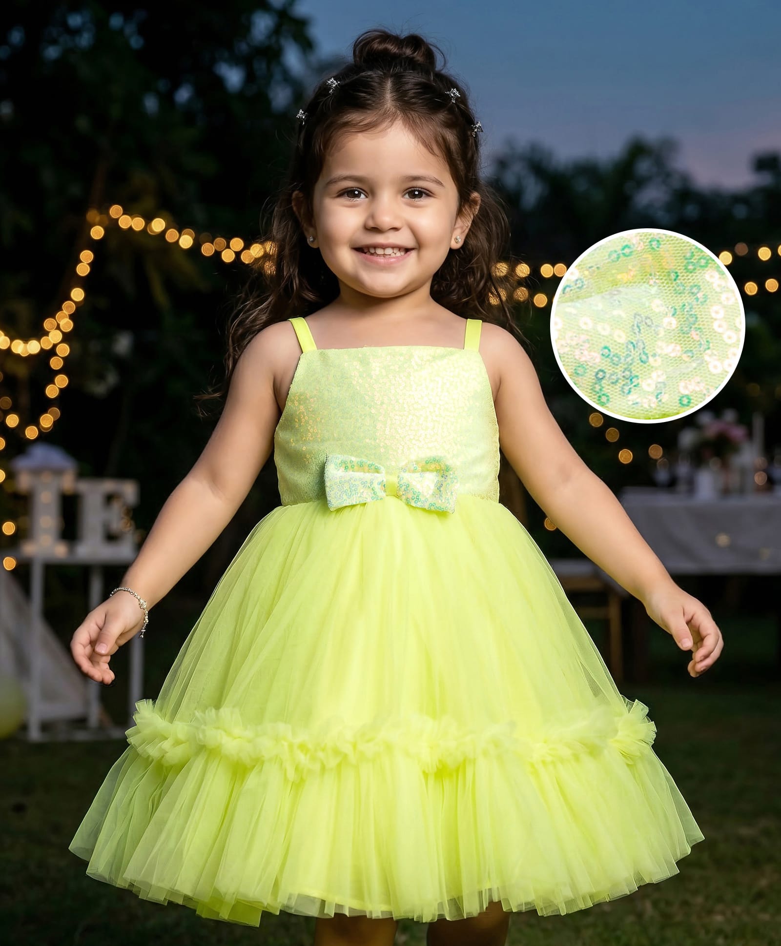 Babyhug Mesh Woven Sleeveless Tiered Fit & Flared Party Frock with Sequin & Bow Detailing - Yellow-image-1