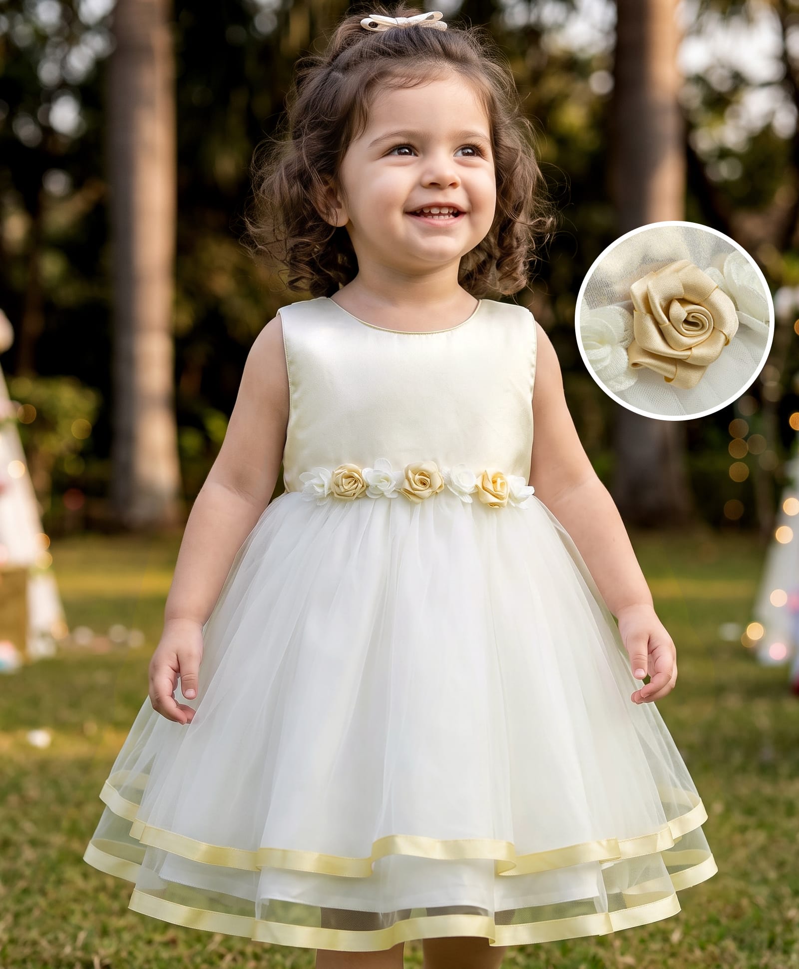 Babyhug Mesh Woven Sleeveless Shimmer Party Dress With Floral Corsage - Off White & Gold-image-8