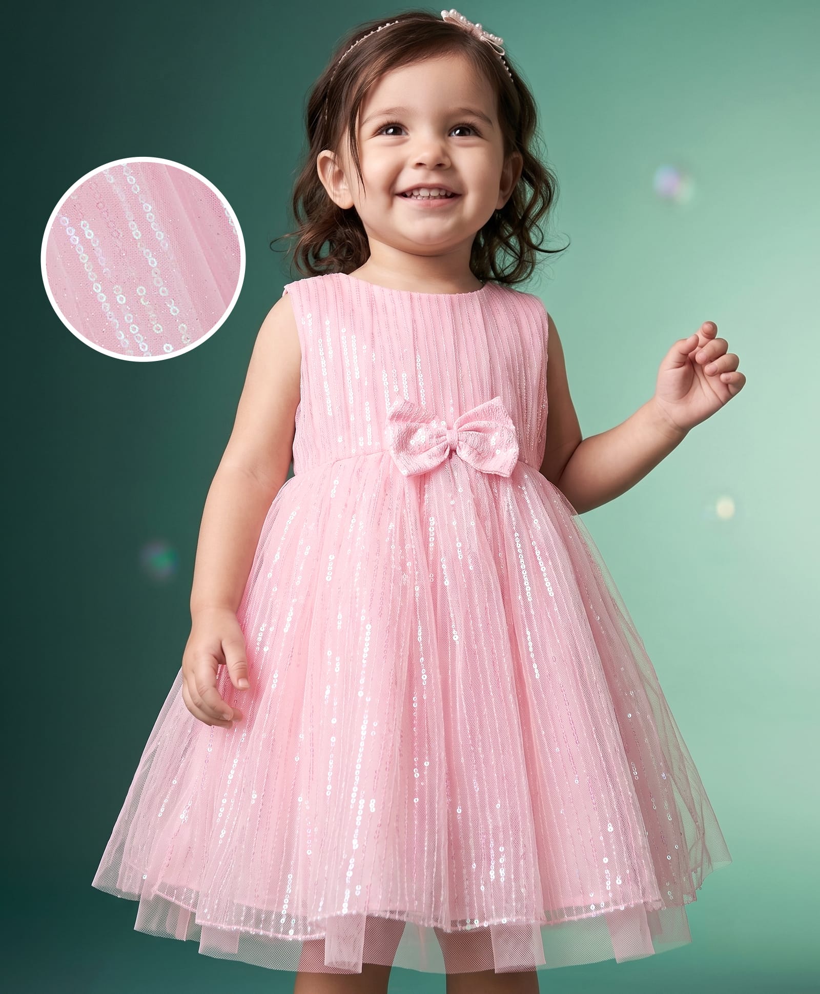 Babyhug Mesh Woven Sleeveless Party Dress With Sequin Detailing & Bow Applique - Light Pink-picture-47