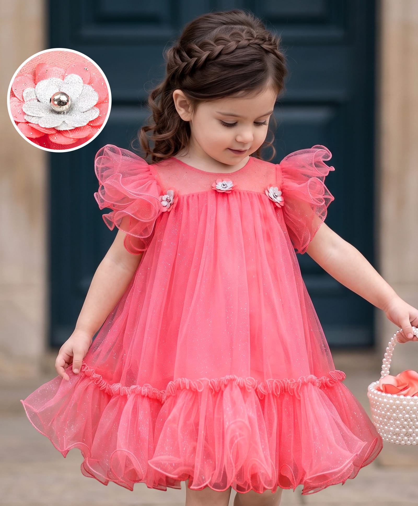 Babyhug Mesh Woven Sleeveless A-Line Party Dress With Floral Applique - Pink-image-30