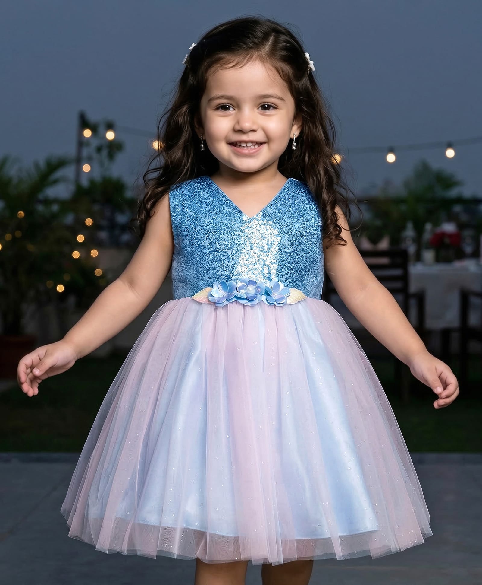 Babyhug Mesh Woven Sleeveless Party Wear Frock With Sequin Detailing & Floral Corsage - Light Blue-image-13