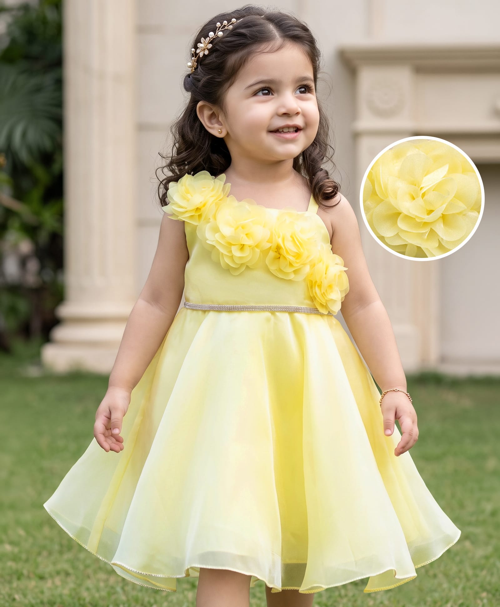 Babyhug Tussor Woven Sleeveless Fit & Flare Party Dress With Sequin Detailing & Corsage - Lemon Yellow-image-36