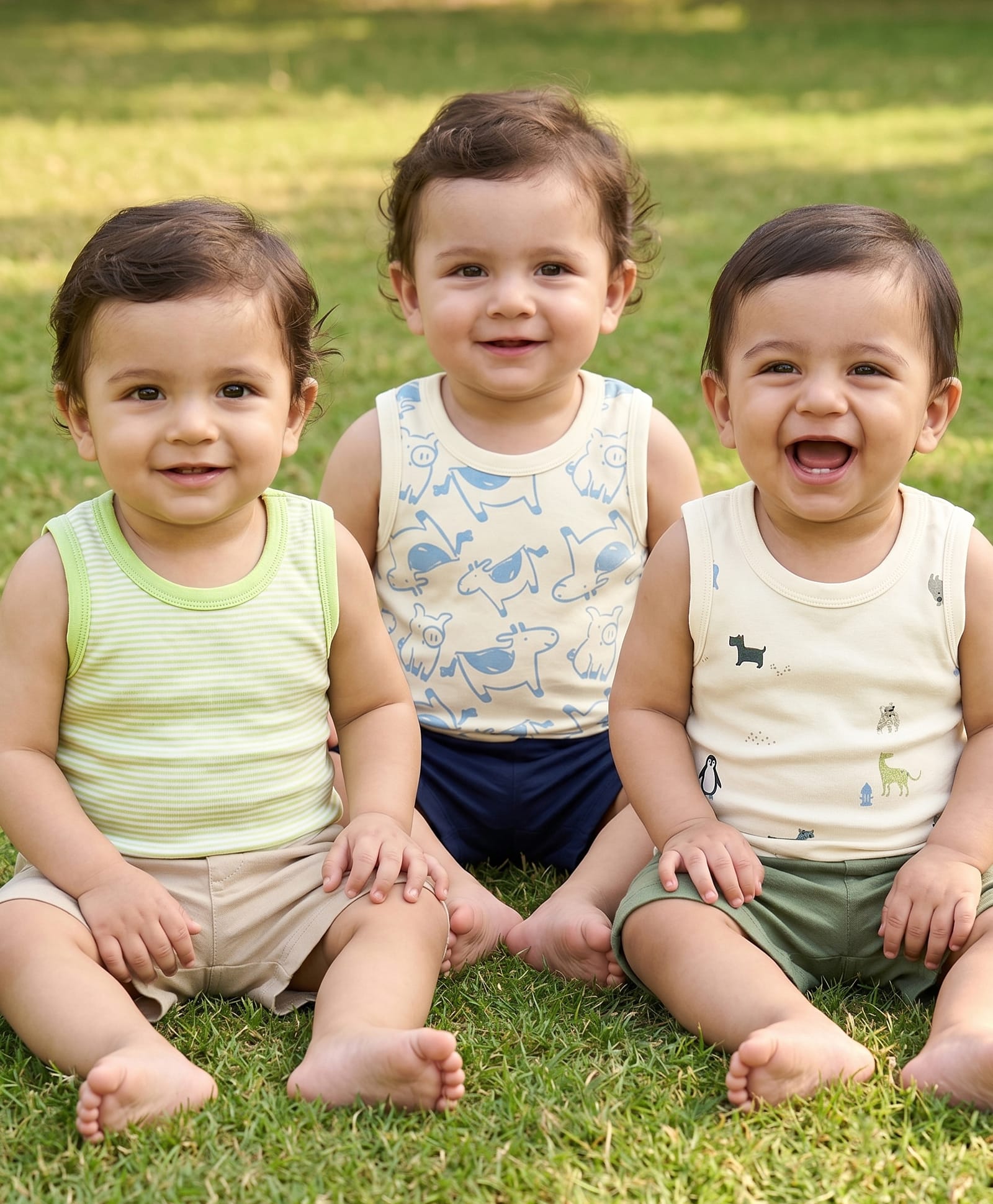 kookie kids india Kookie Kids Single Jersey Knit Sleeveless Animal Printed Vest Pack of 3 -Light Green & Crem-picture-30