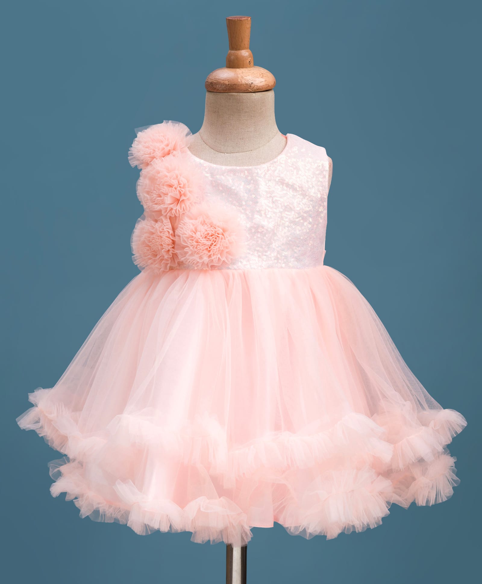 Babyhug Mesh Woven Fit & Flare Party Dress With Sequin Detailing & Corsage - Peach-image-9