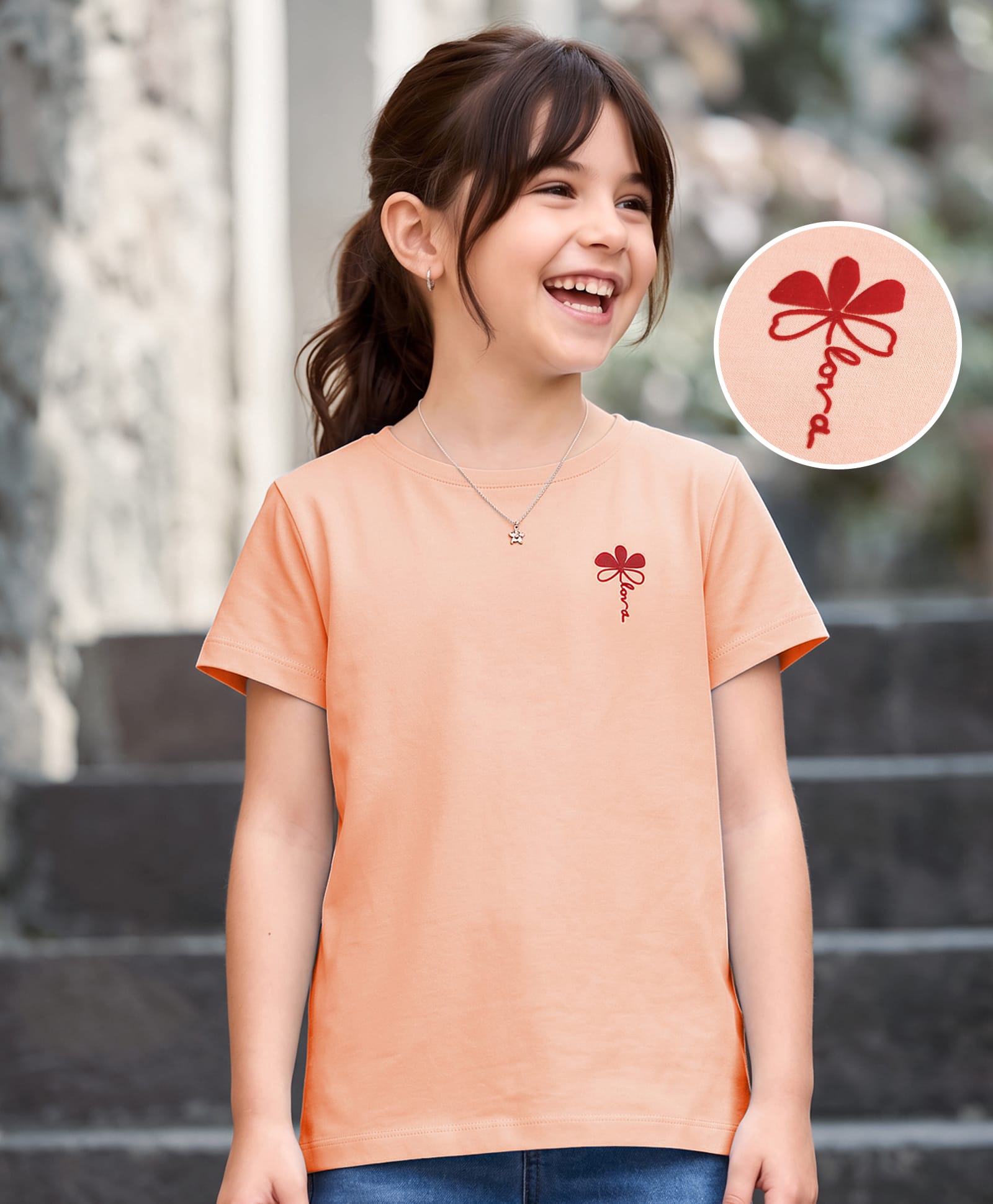Kookie Kids Cotton Knit T-Shirt Half Sleeves Round Neck Peach 8-9 Years with Floral Print-image-37