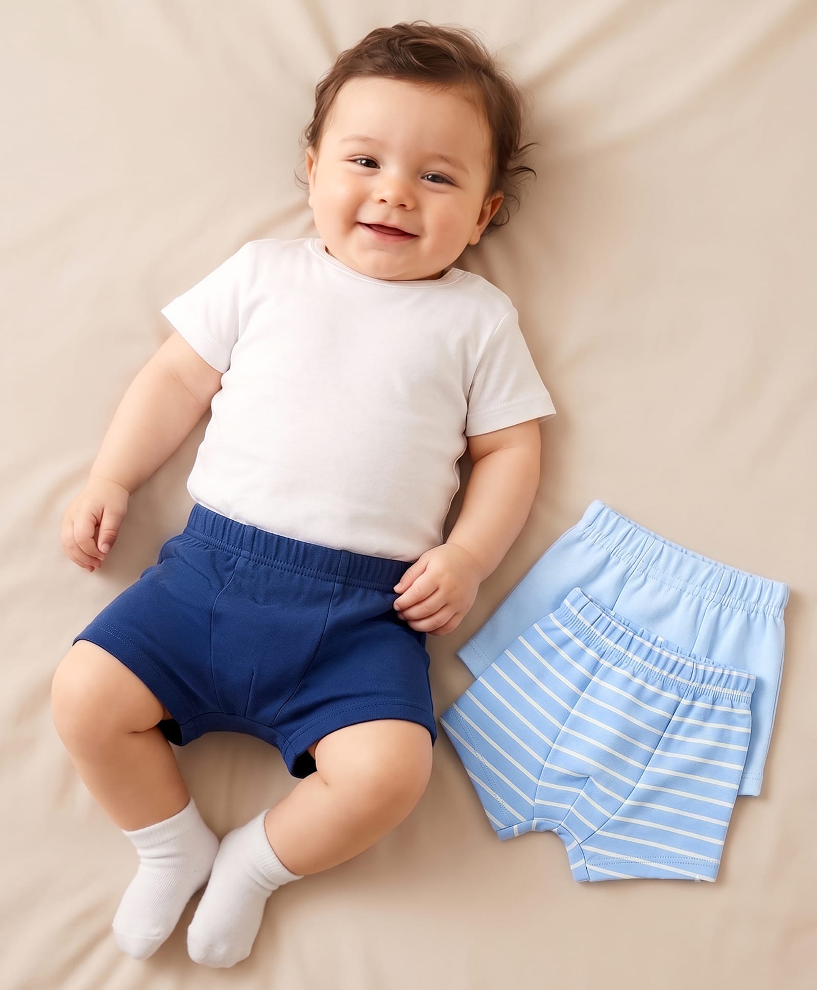 Kookie Kids Single Jersey Knit Solid & Striped Trunks Pack of 3 -Multicolour-image-15
