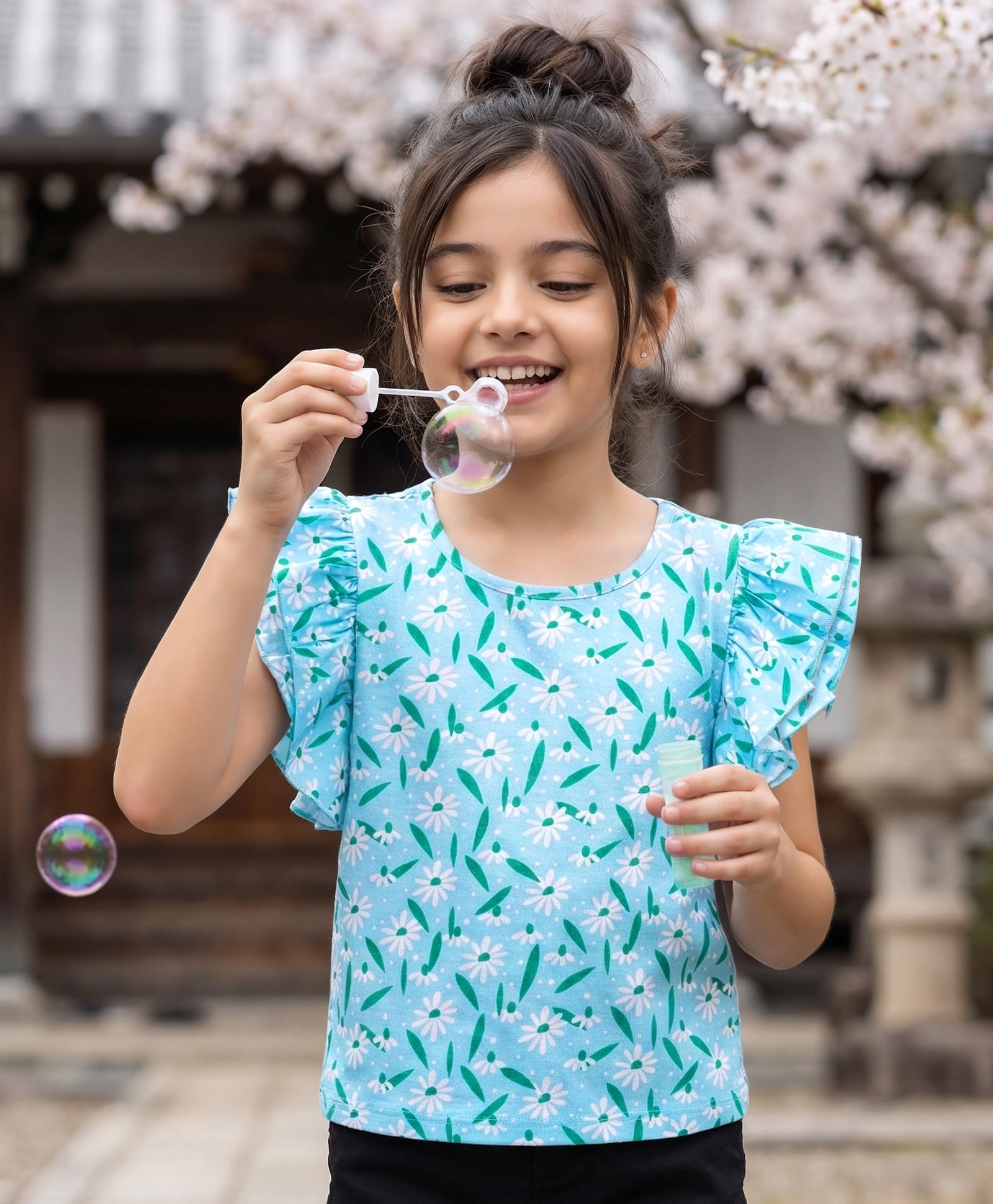 Pine Kids 100% Cotton Knit Half Sleeves Floral Printed Top - Light Blue-image-9