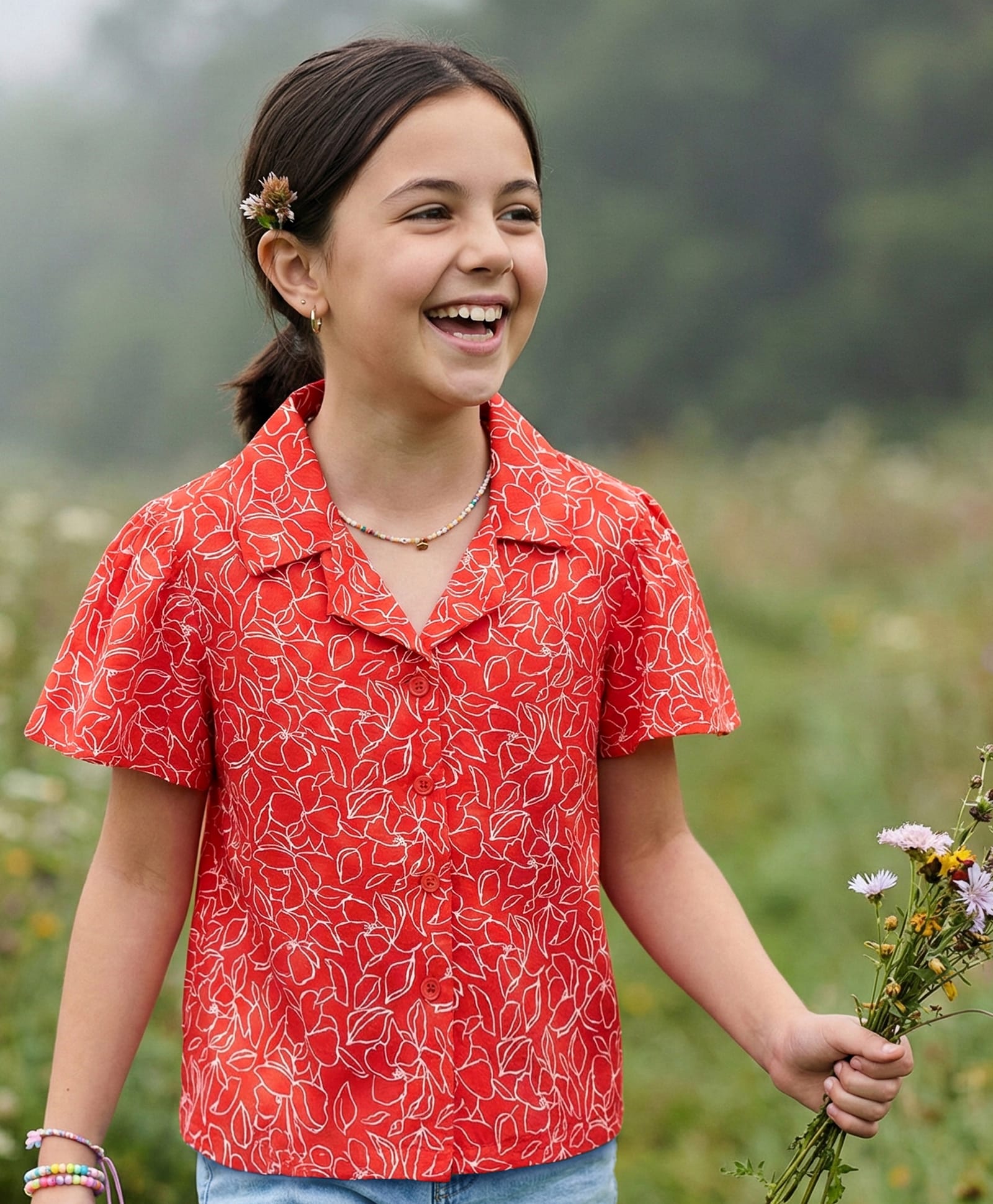 Pine Kids 100% Cotton Knit Half Flutter Sleeves Floral Printed Top - Red-image-20