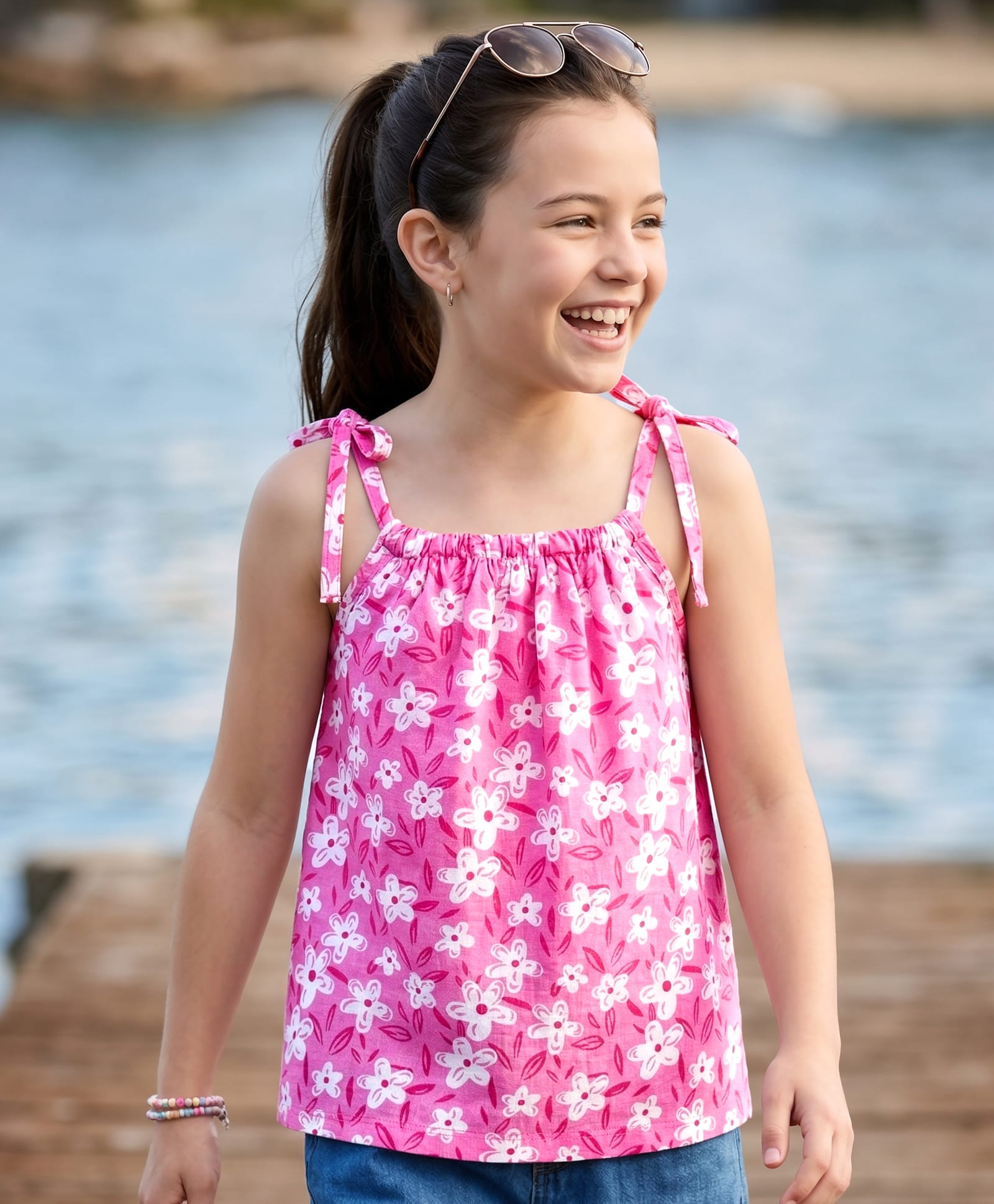 Pine Kids 100% Cotton Knit Sleeveless Floral Printed Top - Pink-image-23