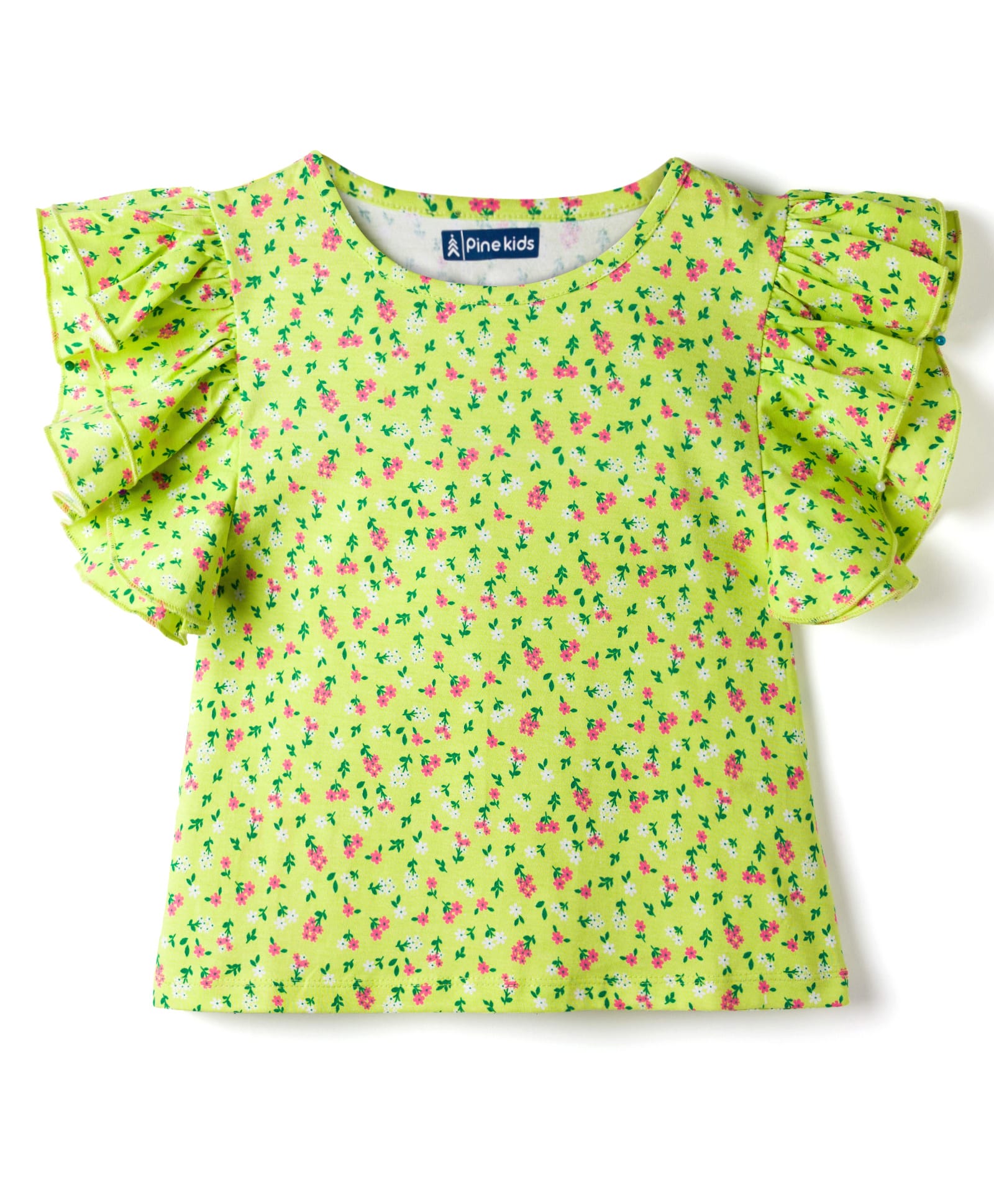 Pine Kids 100% Cotton Knit Half Frill Sleeves Floral Printed Top - Lime Green