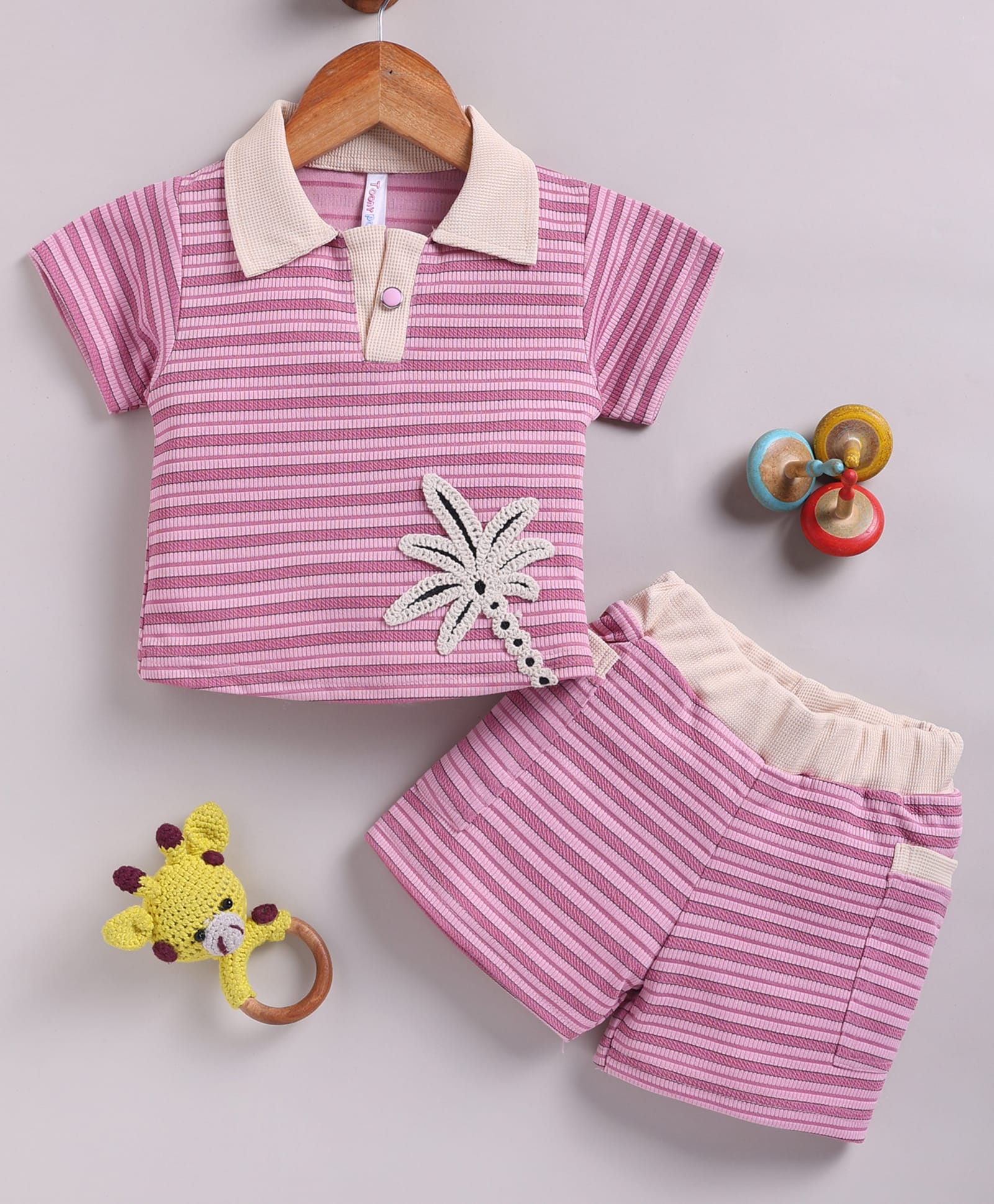 TOONYPORT Cotton Blend Knit Half Sleeves Striped & Tree Embroidered Polo Tee & Shorts Set - Purple-picture-26