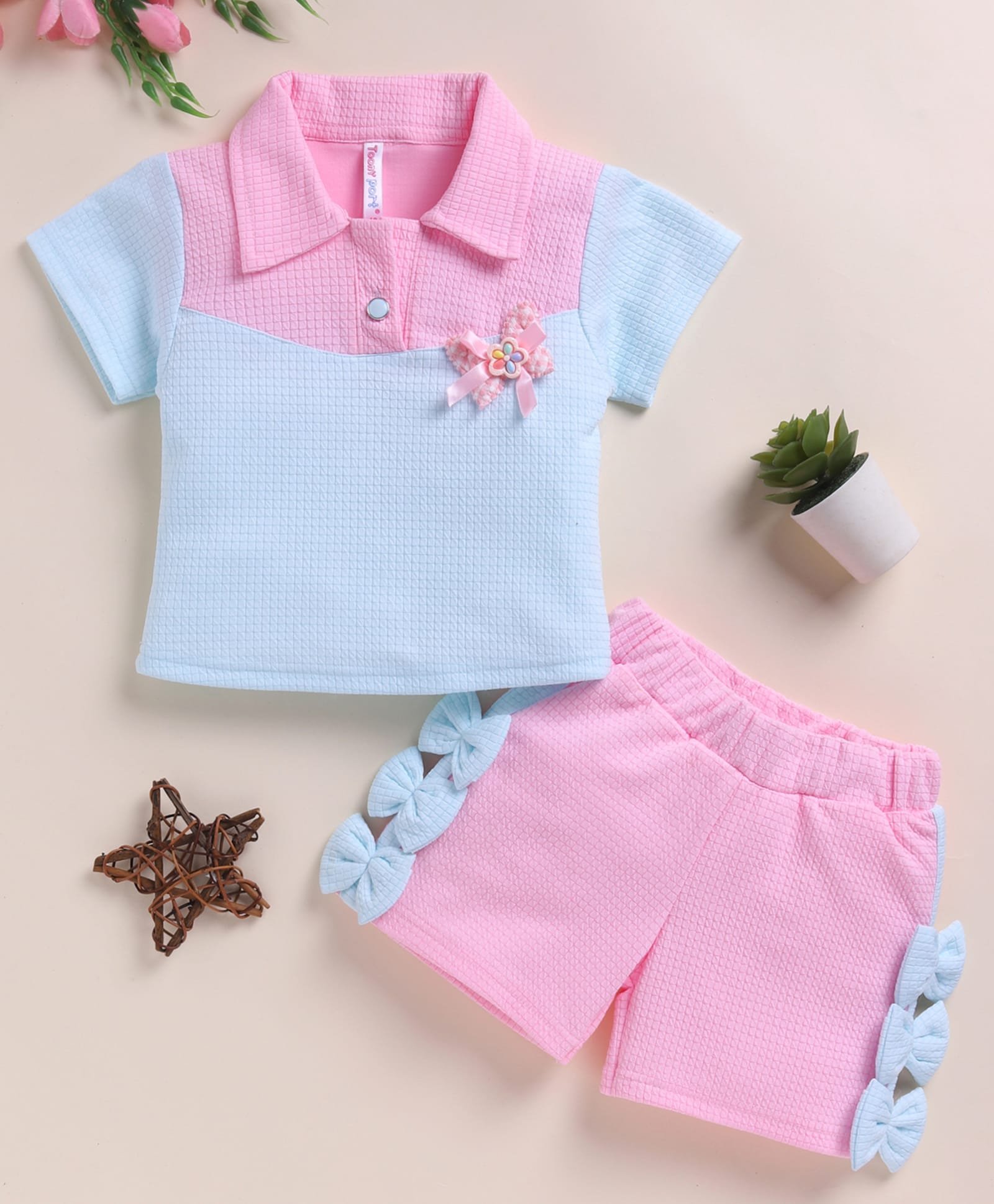 TOONYPORT Cotton Blend Knit Half Sleeves Colour Blocked Polo Tee & Shorts Set - Blue