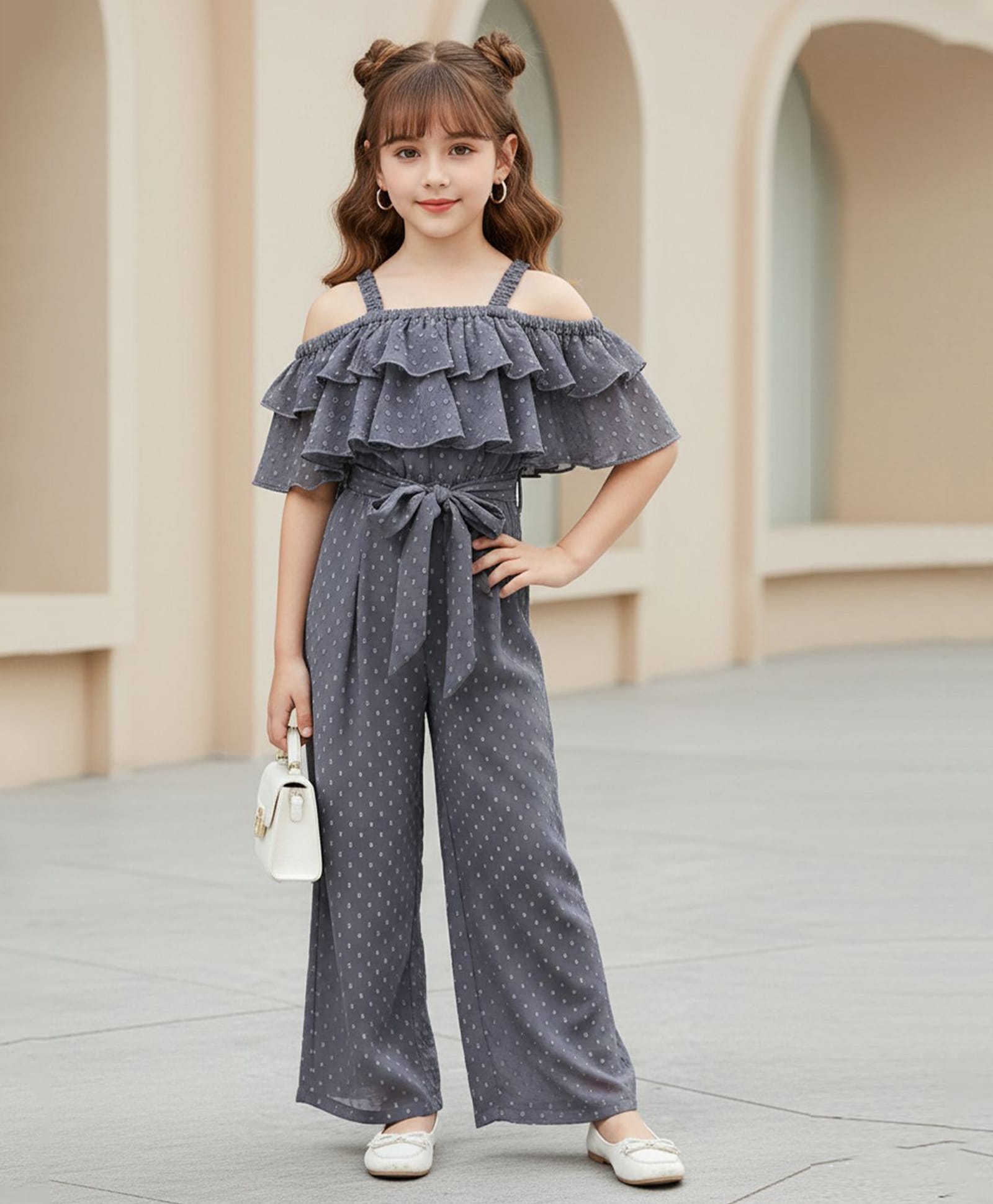 Cutiekins Georgette Woven Cold Shoulder Half Sleeves Swiss Dots Detailed Jumpsuit - Grey