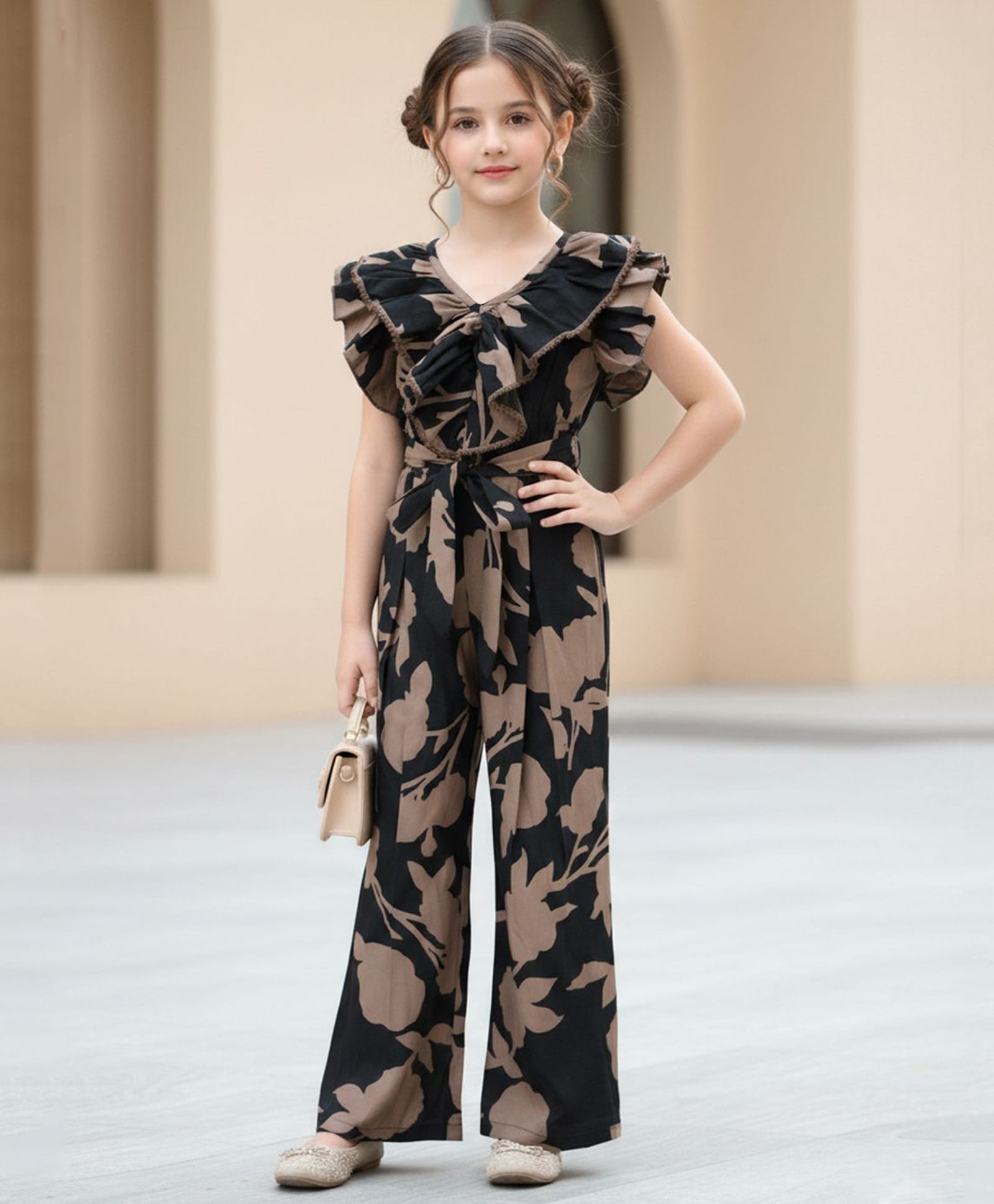 Cutiekins Woven Frill Sleeves Floral Printed Jumpsuit - Black & Brown-image-27