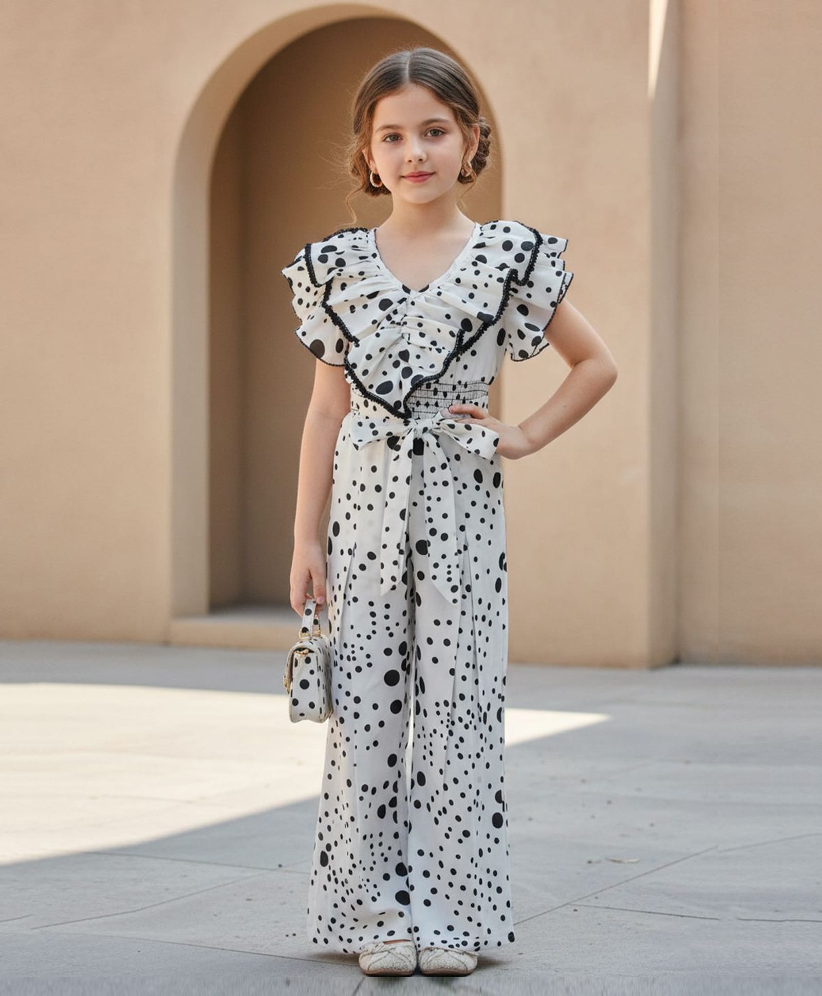 Cutiekins Woven Half Sleeves Frill Detailed Polka Dots Printed Jumpsuit - White & Black-picture-28