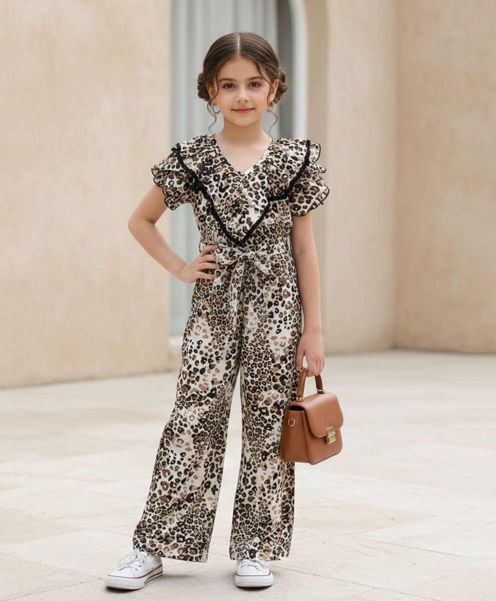 Cutiekins Woven Half Sleeves Frill Detailed Leopard Printed Jumpsuit - Cream & Brown-picture-19