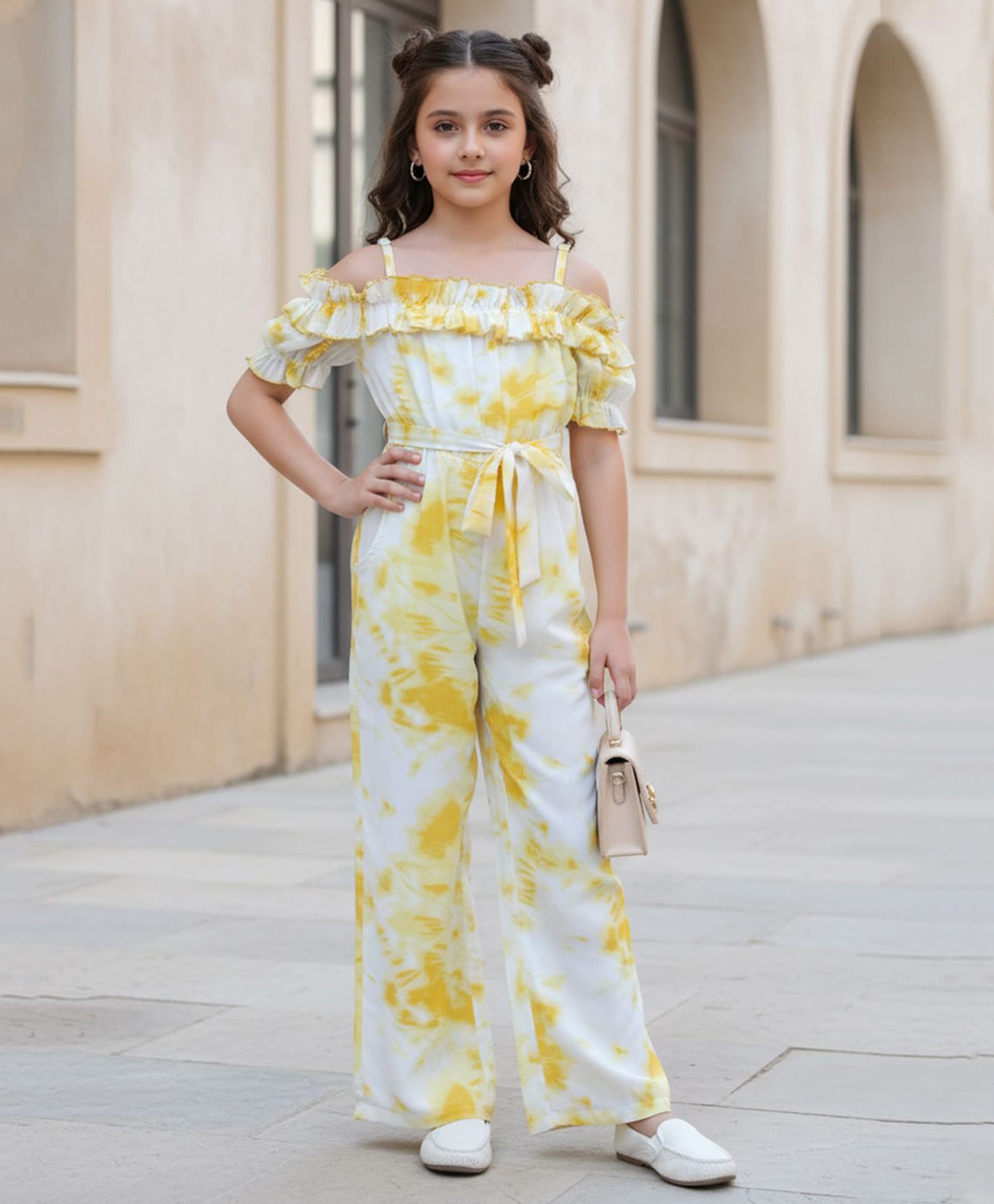 Cutiekins Georgette Woven Cold Shoulder Half Puffed Sleeves Tie Dye Jumpsuit - White & Yellow-picture-24
