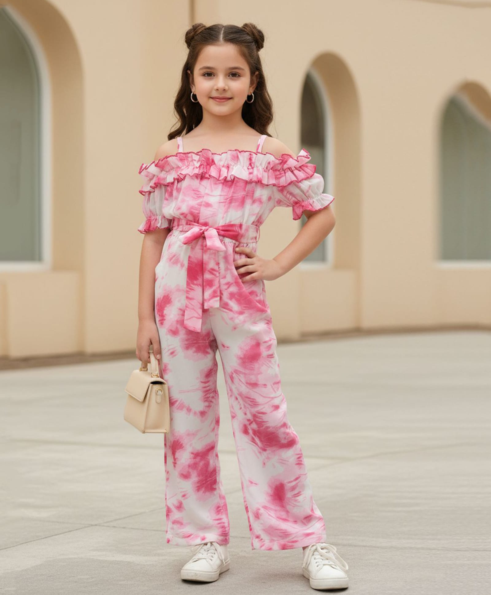 Cutiekins Georgette Woven Cold Shoulder Half Sleeves Tie Dye Jumpsuit - White & Pink-picture-17