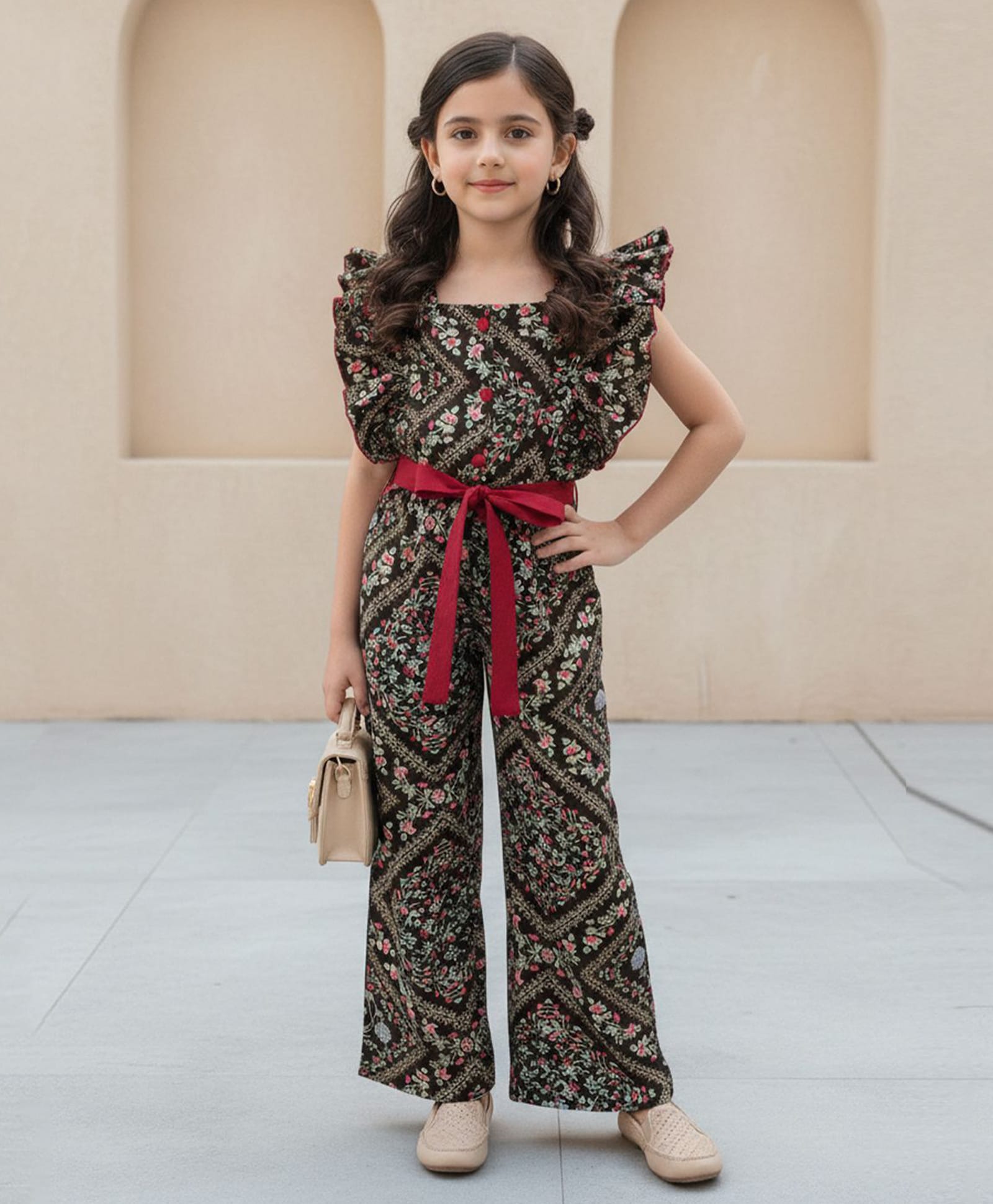 Cutiekins Woven Sleeveless Frill Detailed & Floral Printed Jumpsuit - Brown & Pink-picture-18