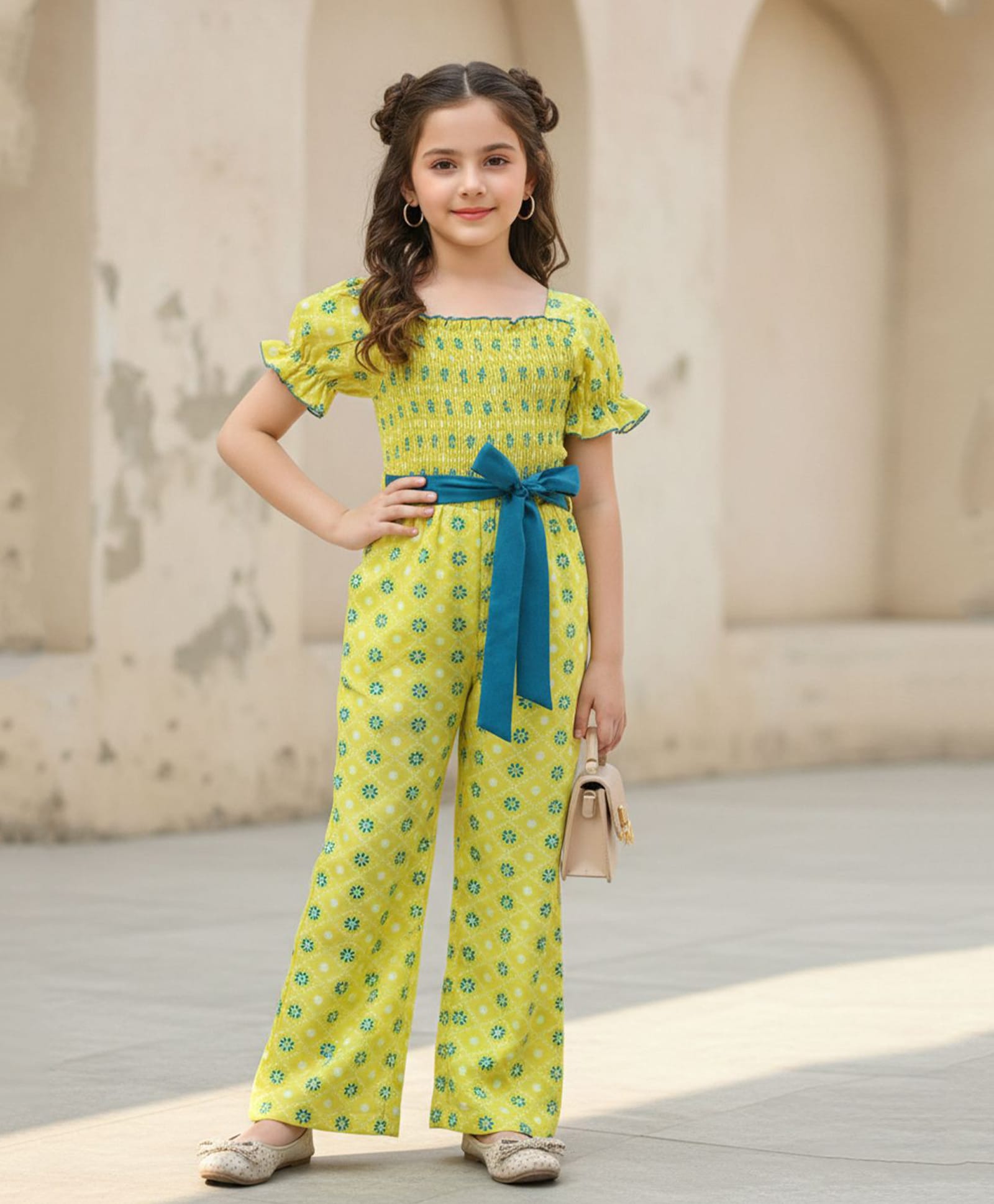Cutiekins Woven Half Puffed Sleeves Floral Printed Jumpsuit - Yellow & Blue-picture-37
