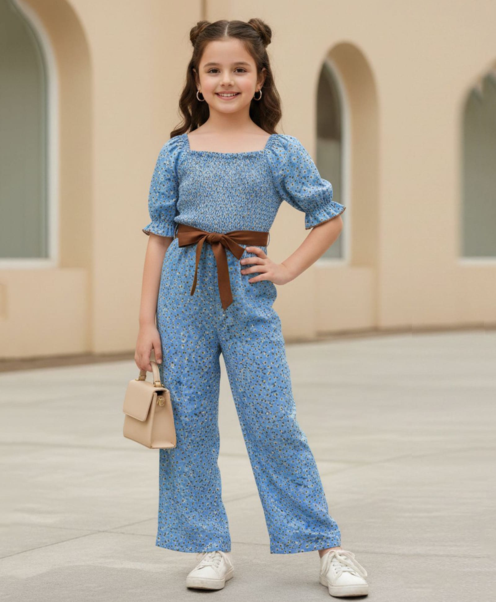 Cutiekins Woven Half Puffed Sleeves Floral Printed Jumpsuit - Sky Blue & Brown