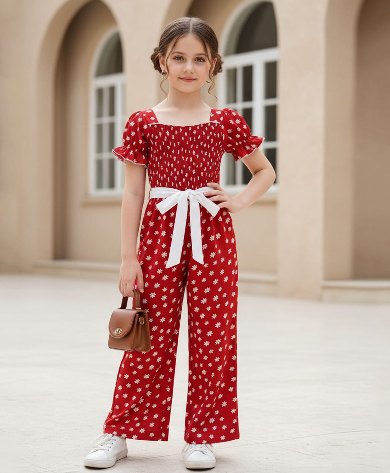 Cutiekins Woven Half Puffed Sleeves Floral Printed Jumpsuit - Red & White-image-41