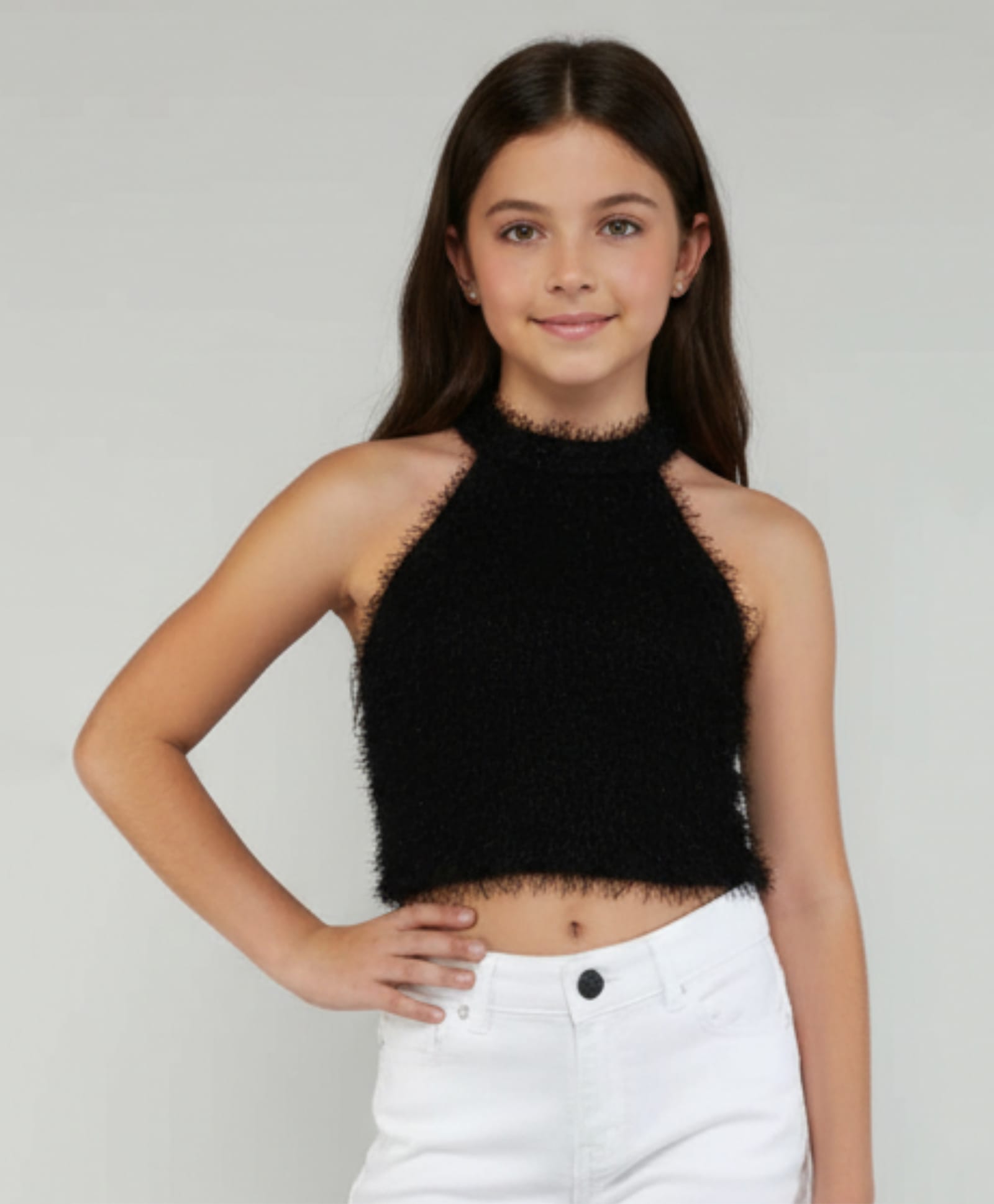 Taffykids Knit Sleeveless Fur Embellished Crop Top - Black-picture-15