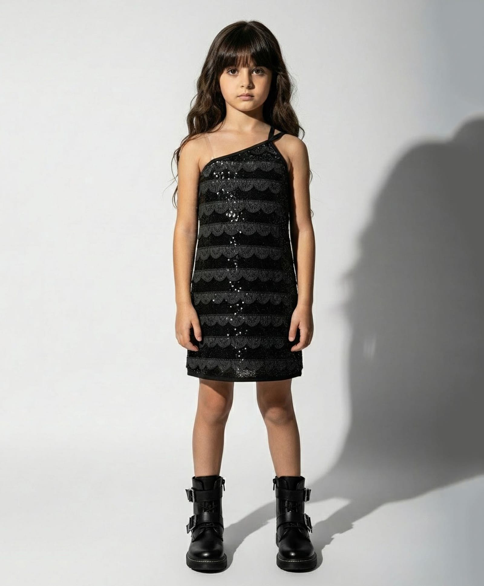 Taffykids Knit One Shoulder Sleeveless Sequins Embellished Dress - Black-picture-20