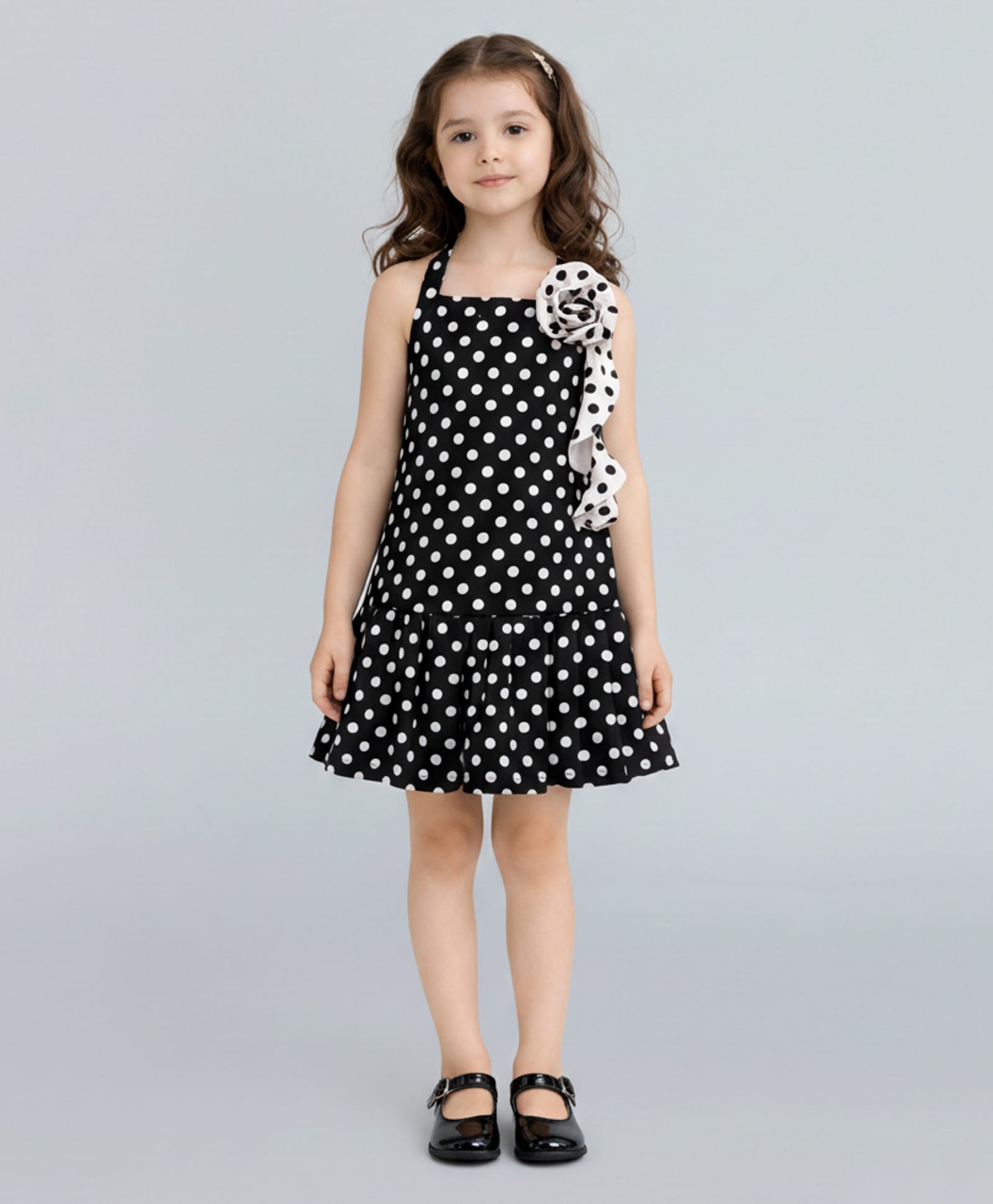 Taffykids Woven Sleeveless Polka Dots Printed Floral Applique Detailed Dress - Black & White-picture-30