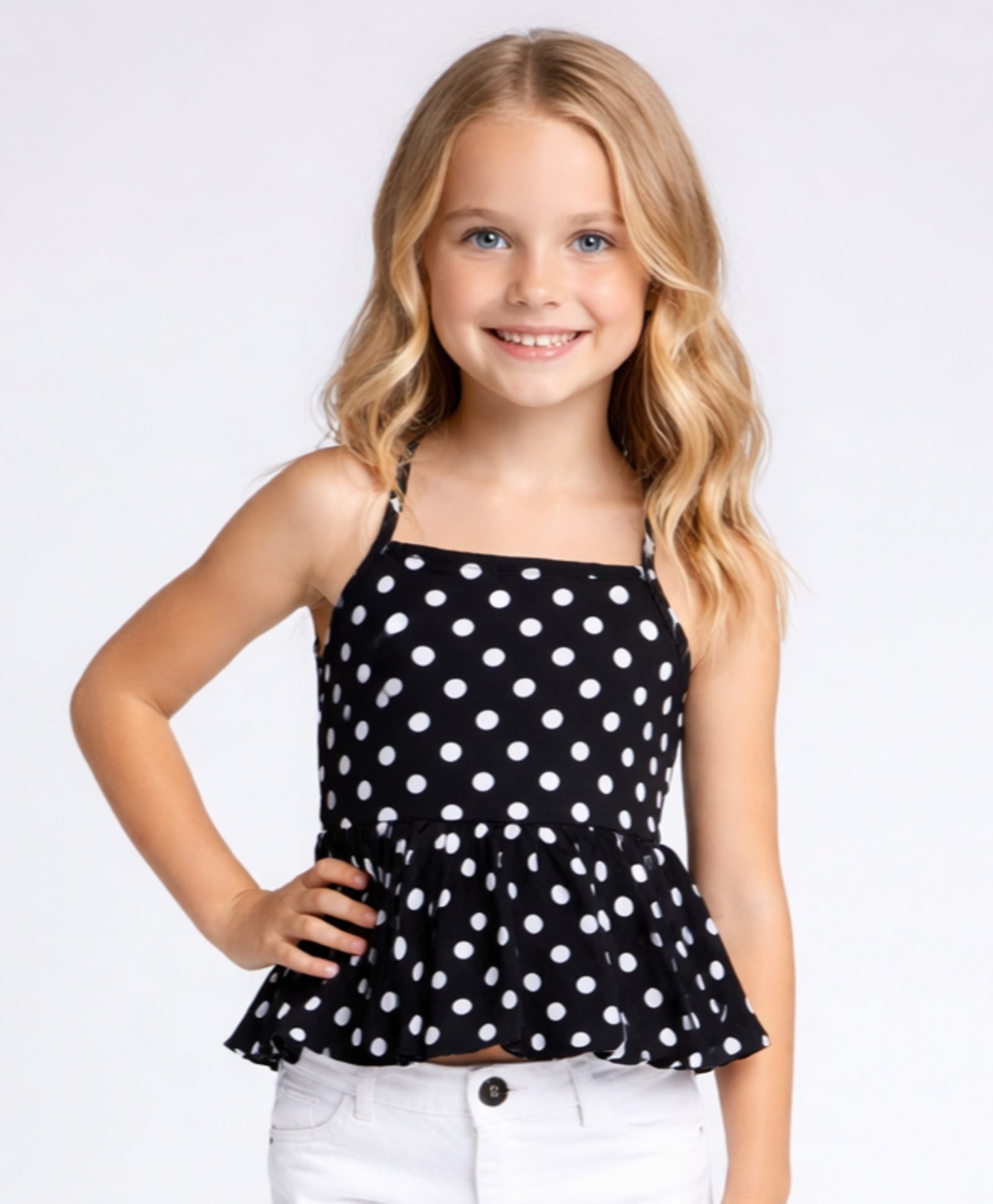 Taffykids Woven Sleeveless Polka Dots Printed Top - Black & White-picture-18