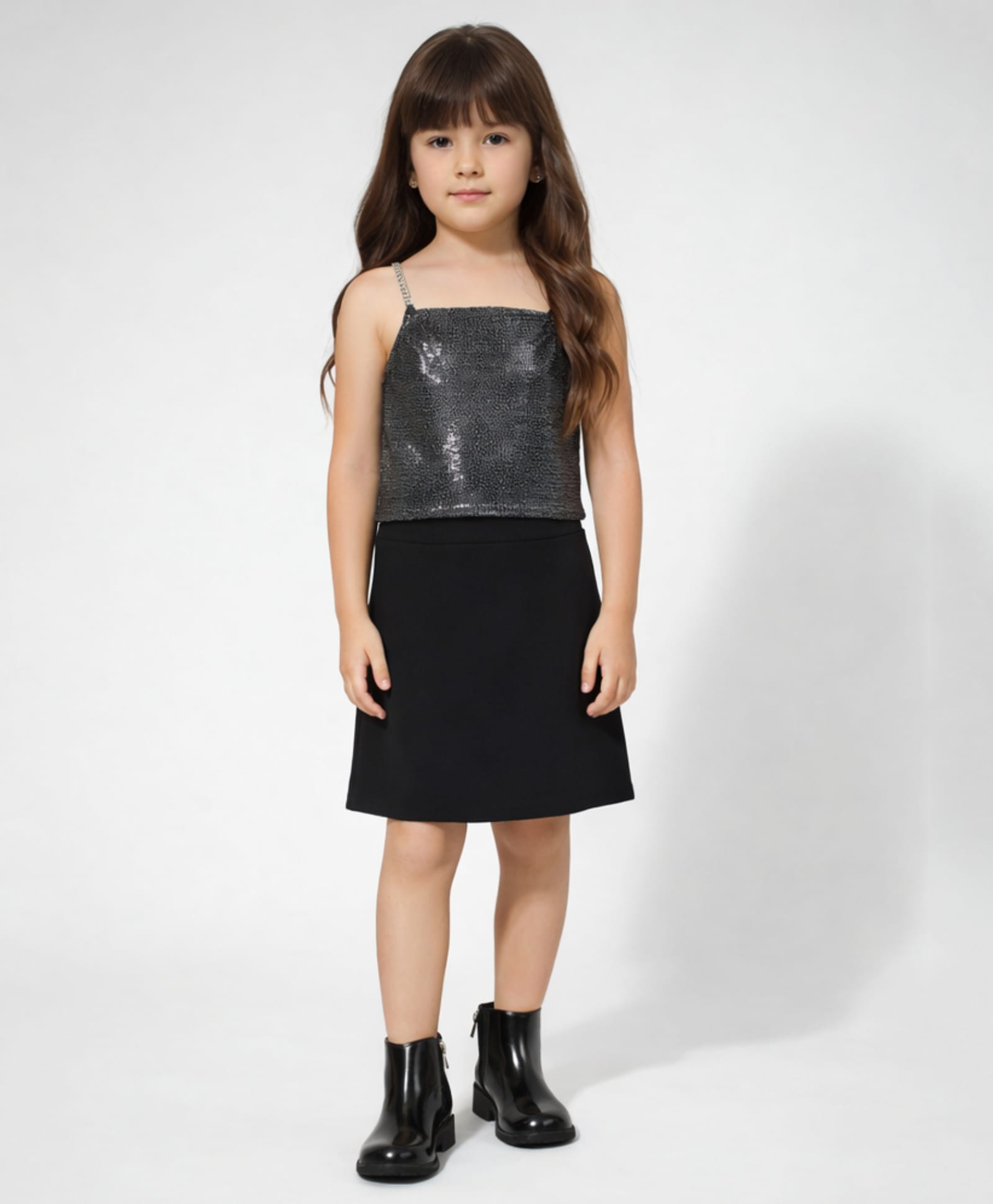 Taffykids Knit Sleeveless Metallic Detailed Top & Skirt Set - Silver & Black-picture-7