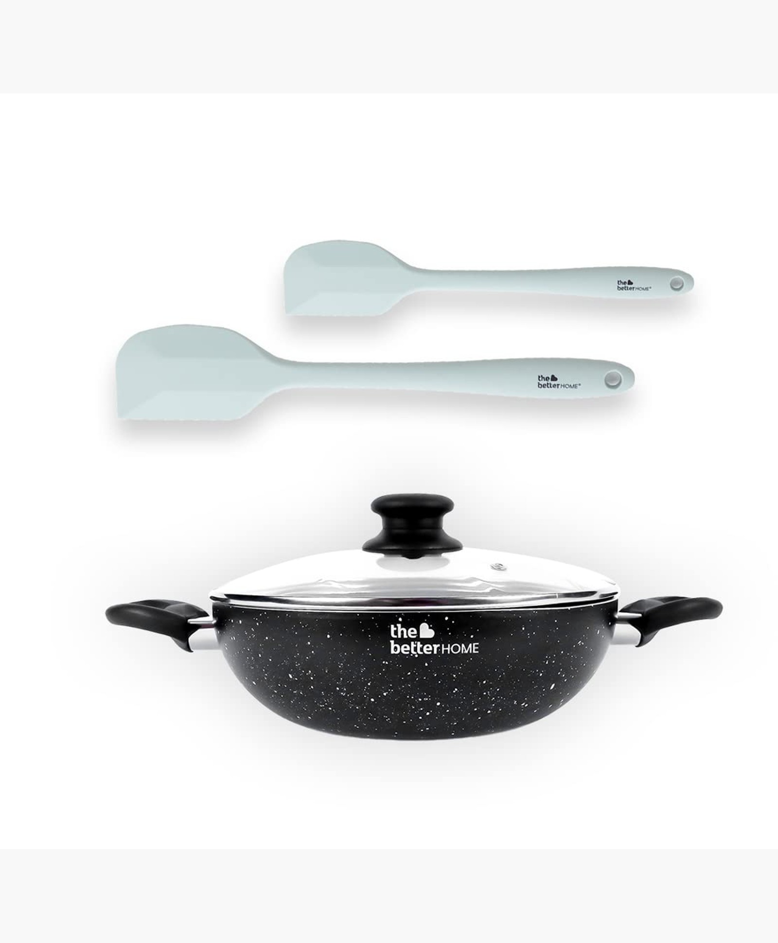 1 TBH- 2.8mm Granite Finish Non Stick KADAI with glass Lid (24cm)- Black|1 TBH- 2 Piece Kitchen Utensils Set (DSTBH006-2) (Light Green)-Silicone+Ir-image-5