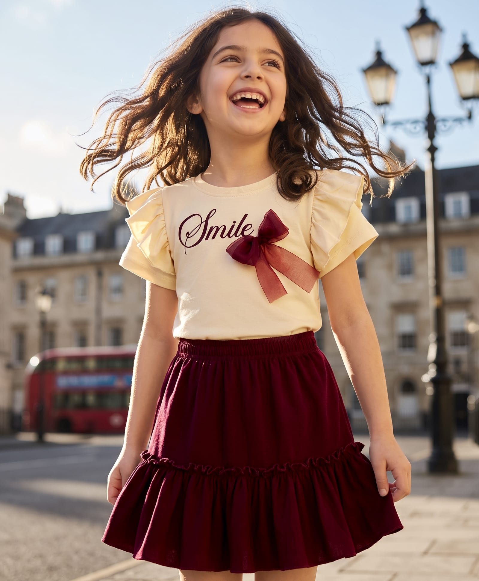 OLLINGTON ST. Cotton Knit Half Frill Sleeves Smile Printed Top & Skirts Set With Bow Applique - Peach & Maroon-image-45