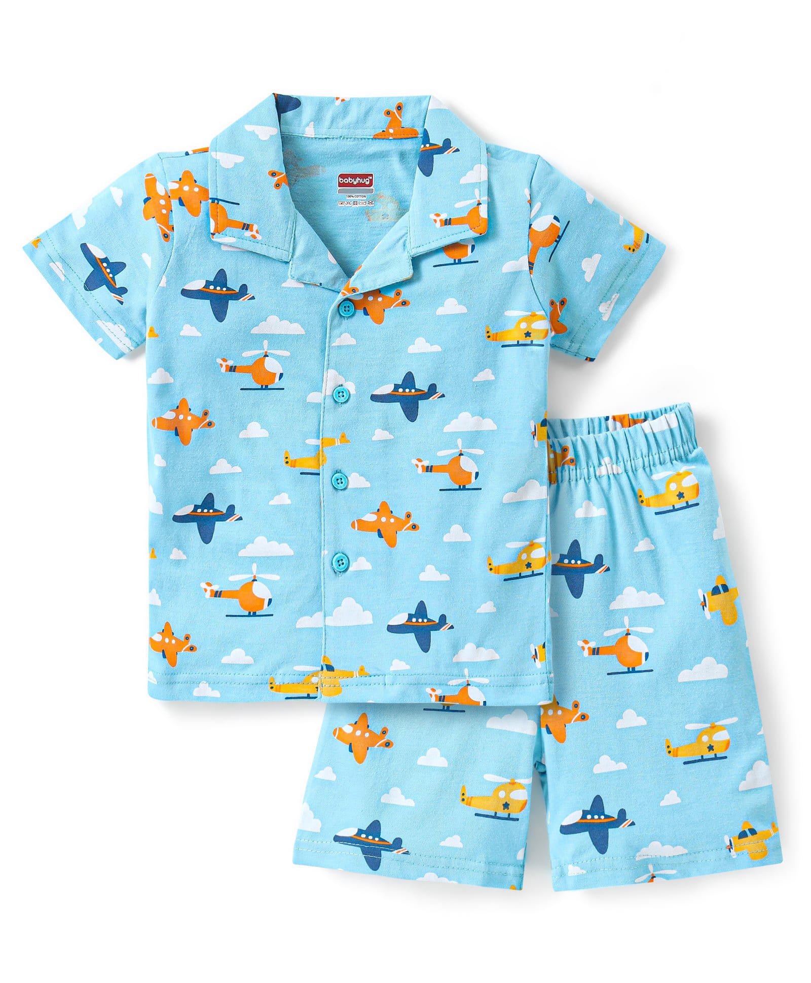Babyhug Cotton Knit Half Sleeves Aeroplane & Helicopter Printed Co-Ord Shirt & Short Night Suit - Light Blue-image-45