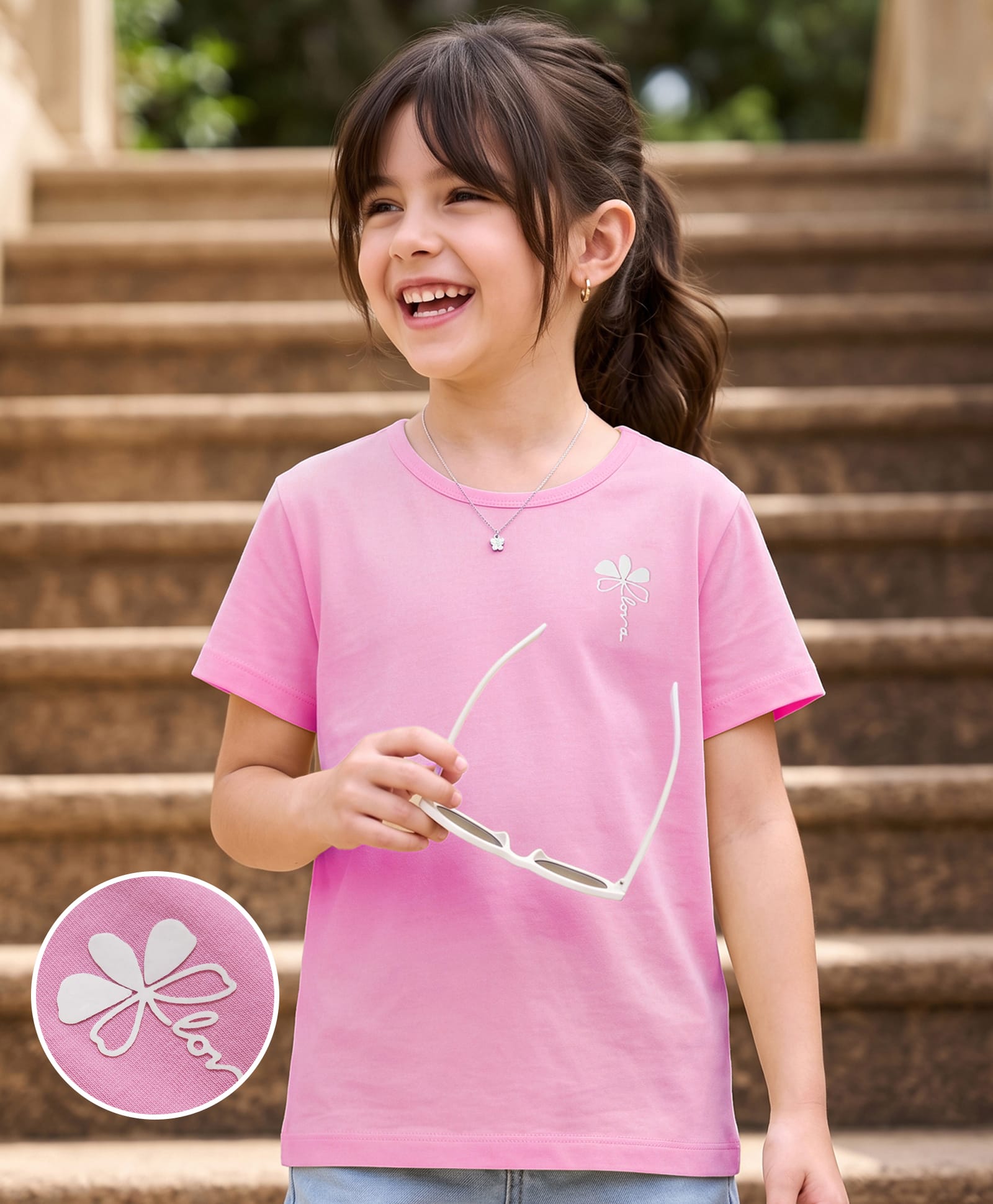 Kookie Kids Cotton Knit T-Shirts Round Neck Short Sleeves Light Pink 7-8 Years with Floral Print-image-31