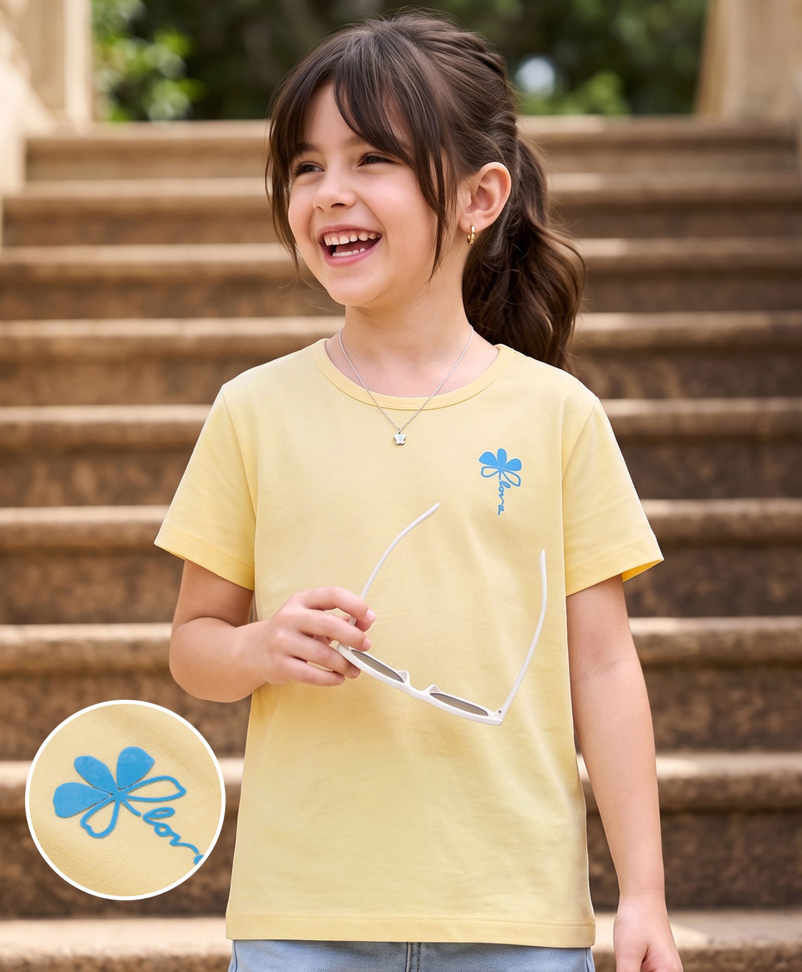 Kookie Kids Cotton Knit T-Shirts Half Sleeves Round Neck Light Yellow 6-7 Years with Floral Print-image-30